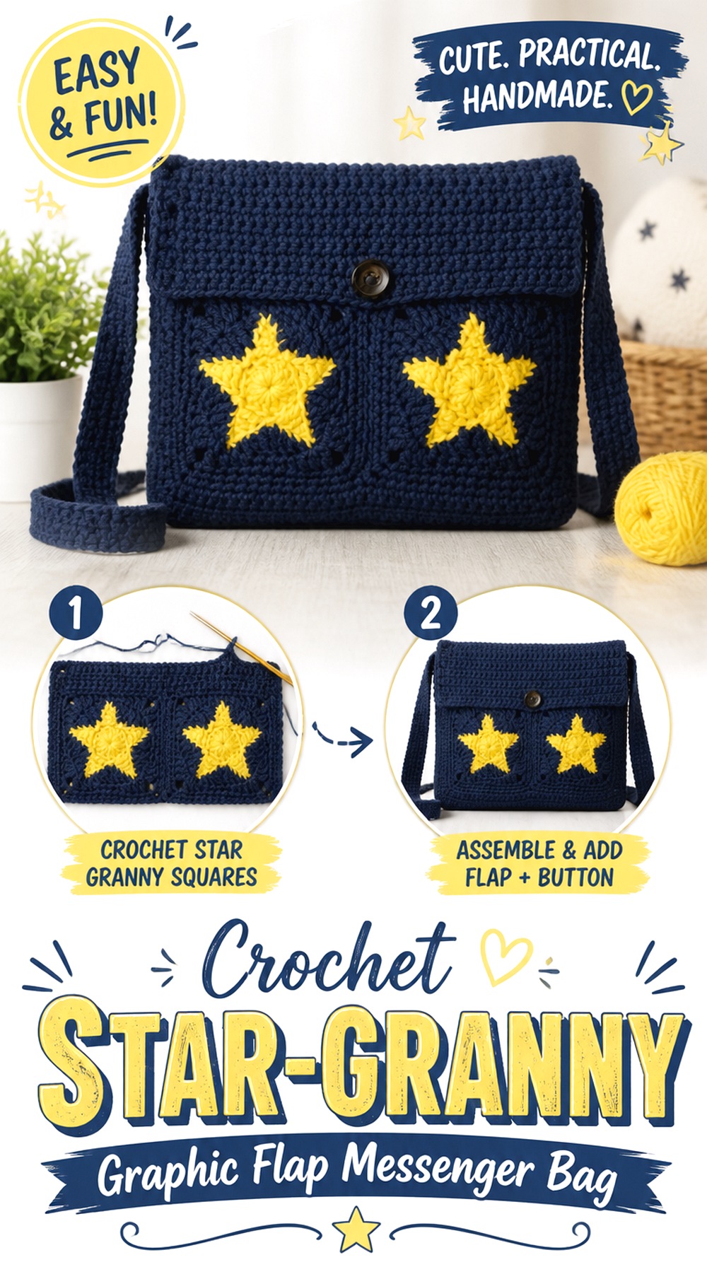 Crochet Star Granny Graphic Flap Messenger Bag