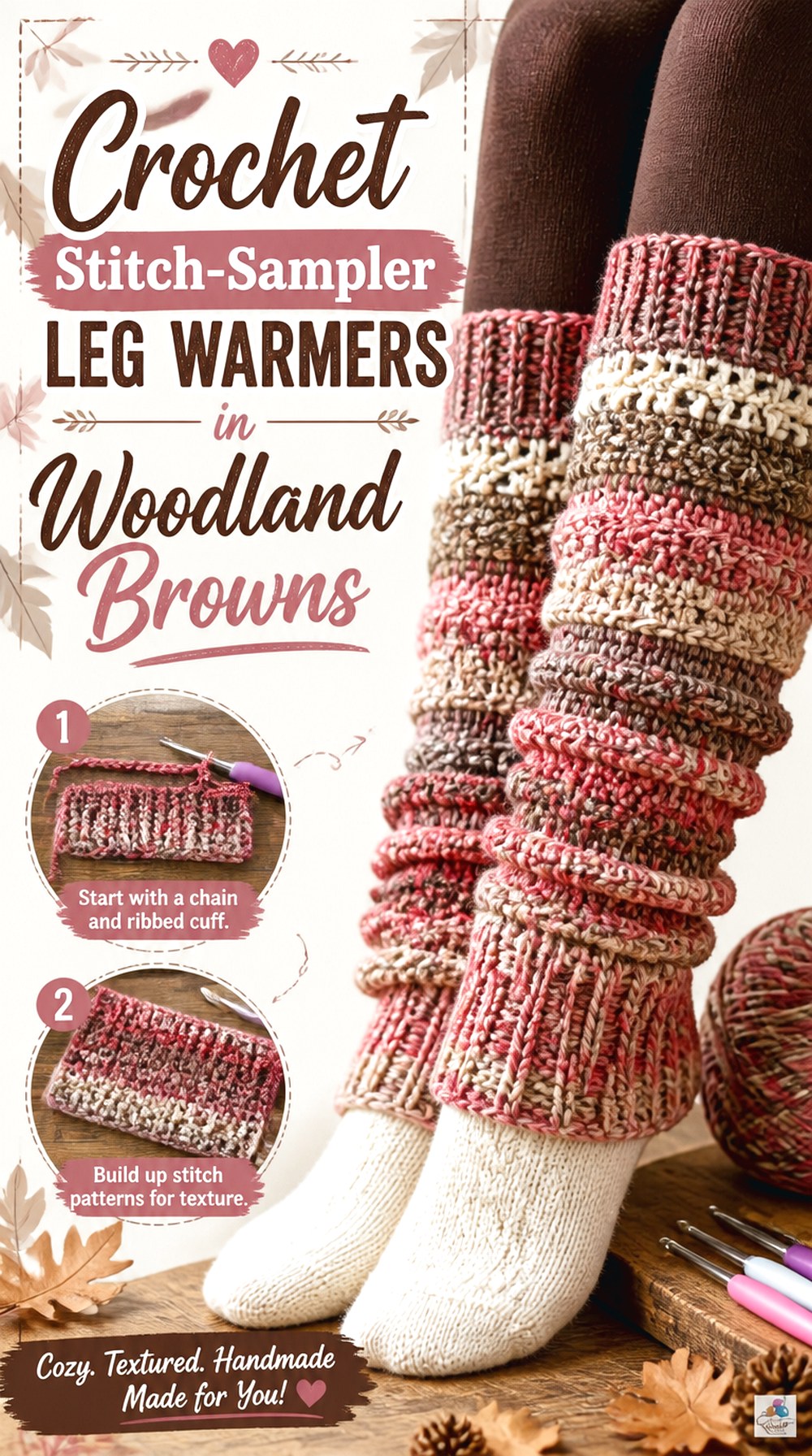 Crochet Stitch Sampler Leg Warmers in Woodland Browns