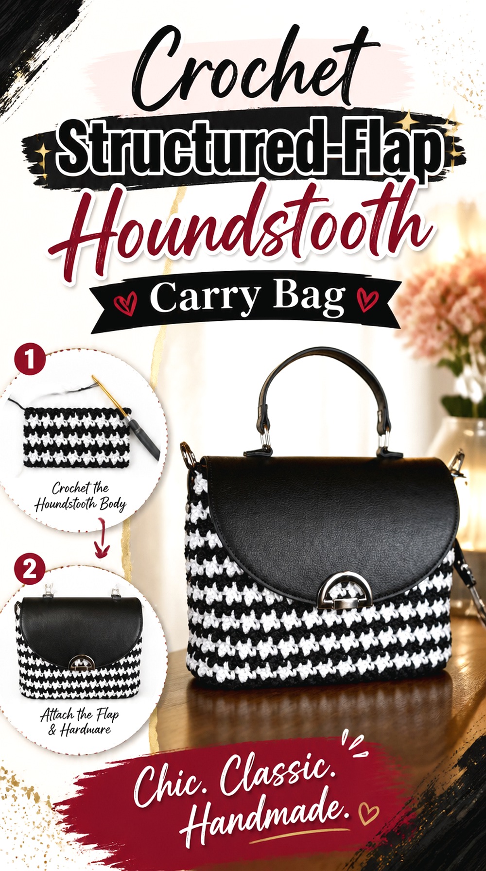 Crochet Structured Flap Houndstooth Carry Bag