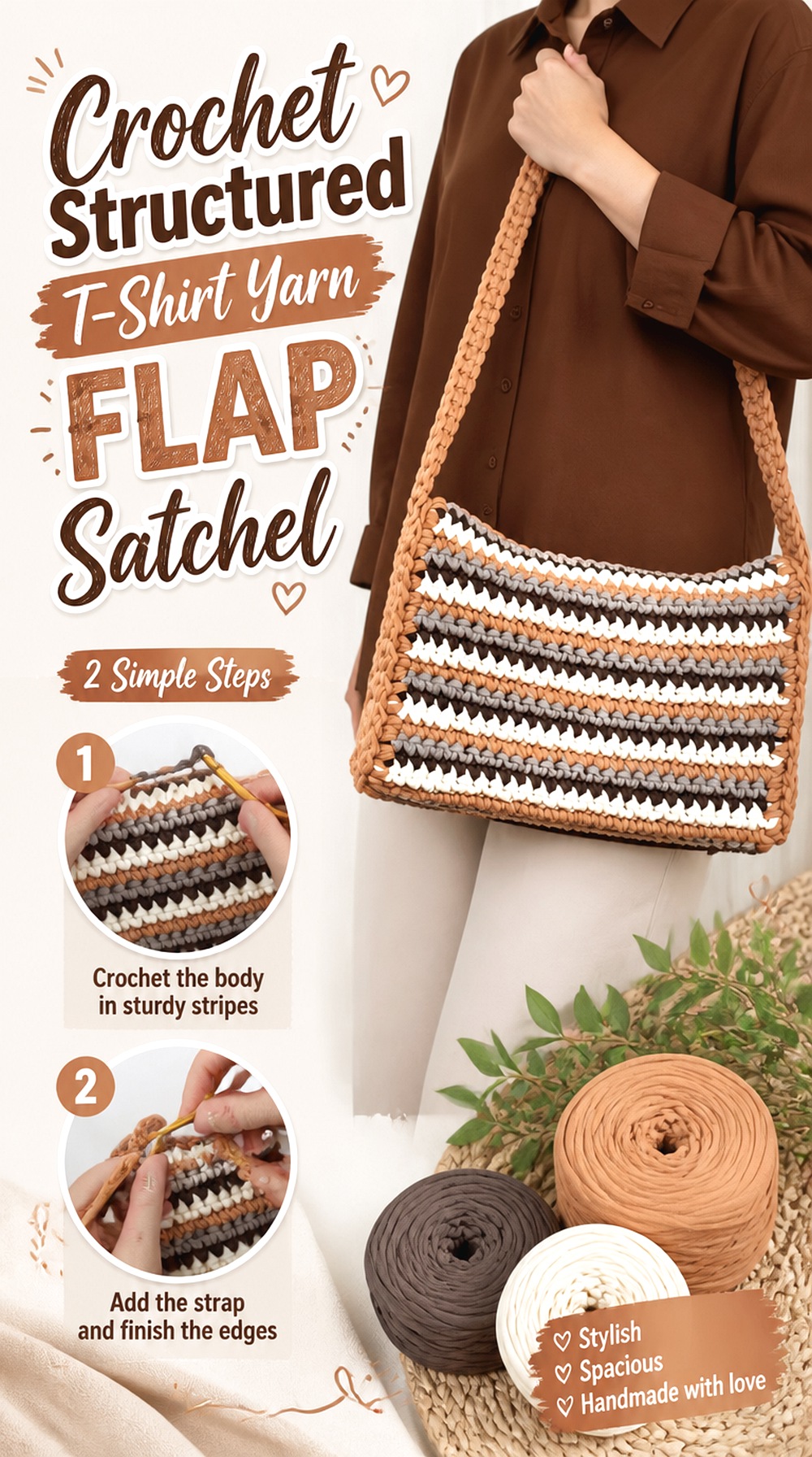 Crochet Structured T Shirt Yarn Flap Satchel