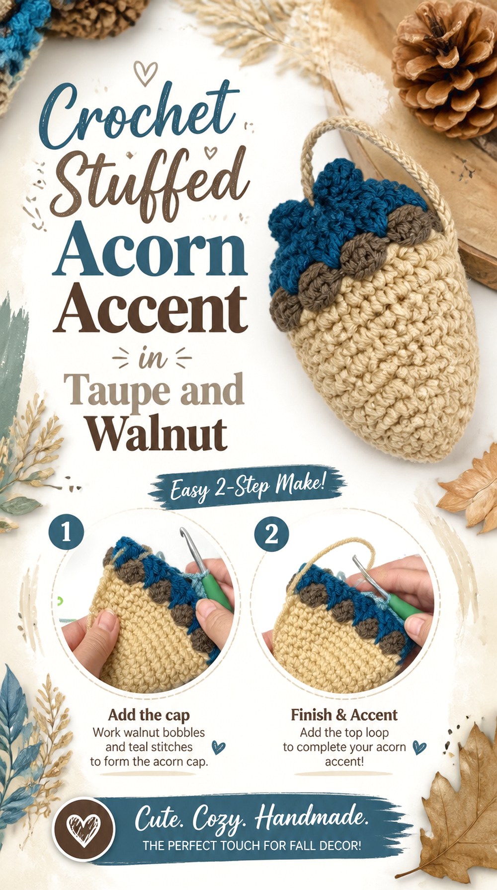 Crochet Stuffed Acorn Accent in Taupe and Walnut