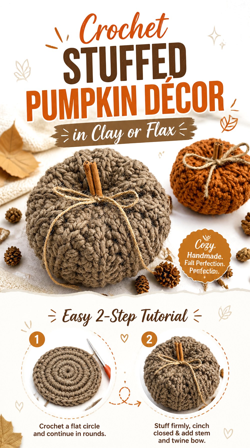 Crochet Stuffed Pumpkin Décor in Clay or Flax