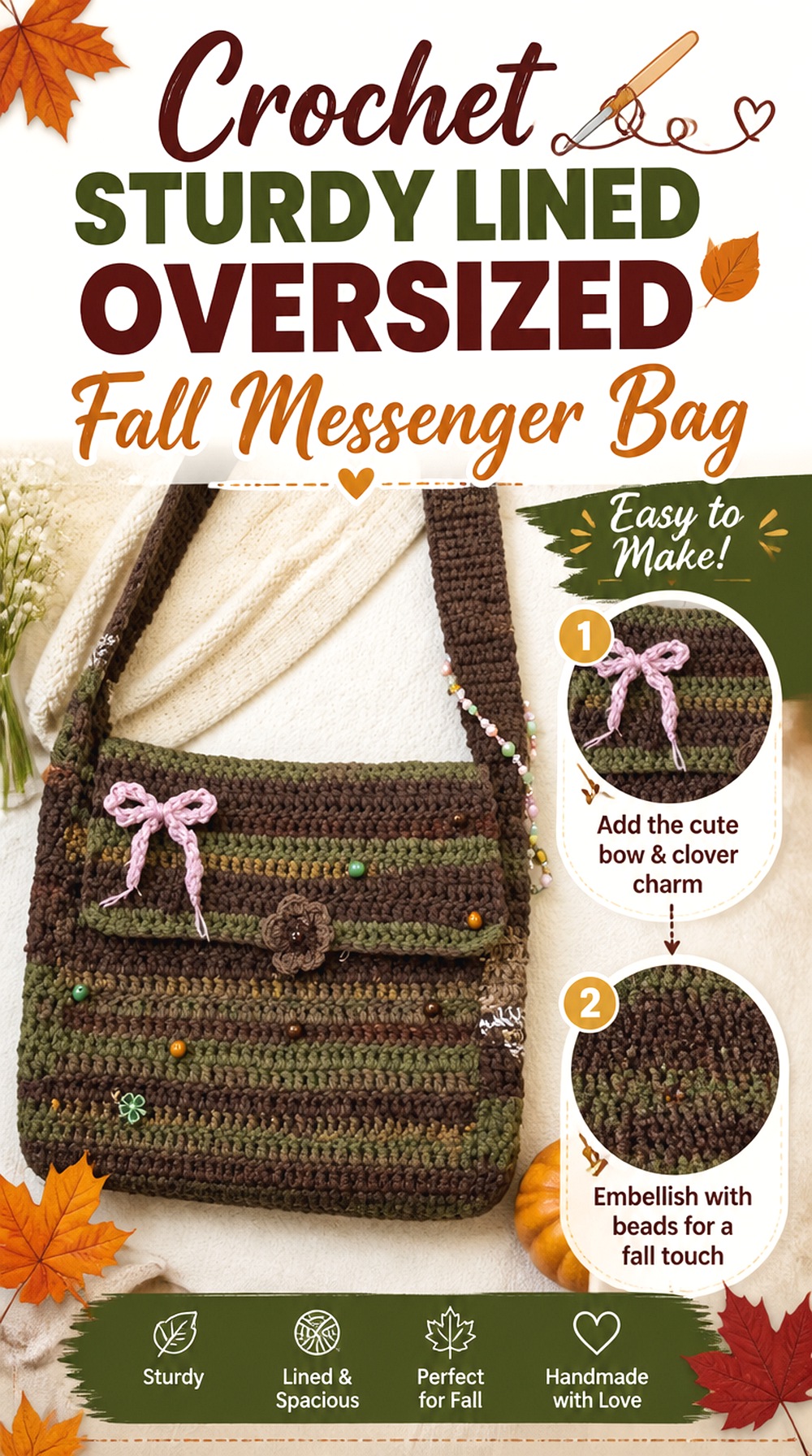 Crochet Sturdy Lined Oversized Fall Messenger Bag