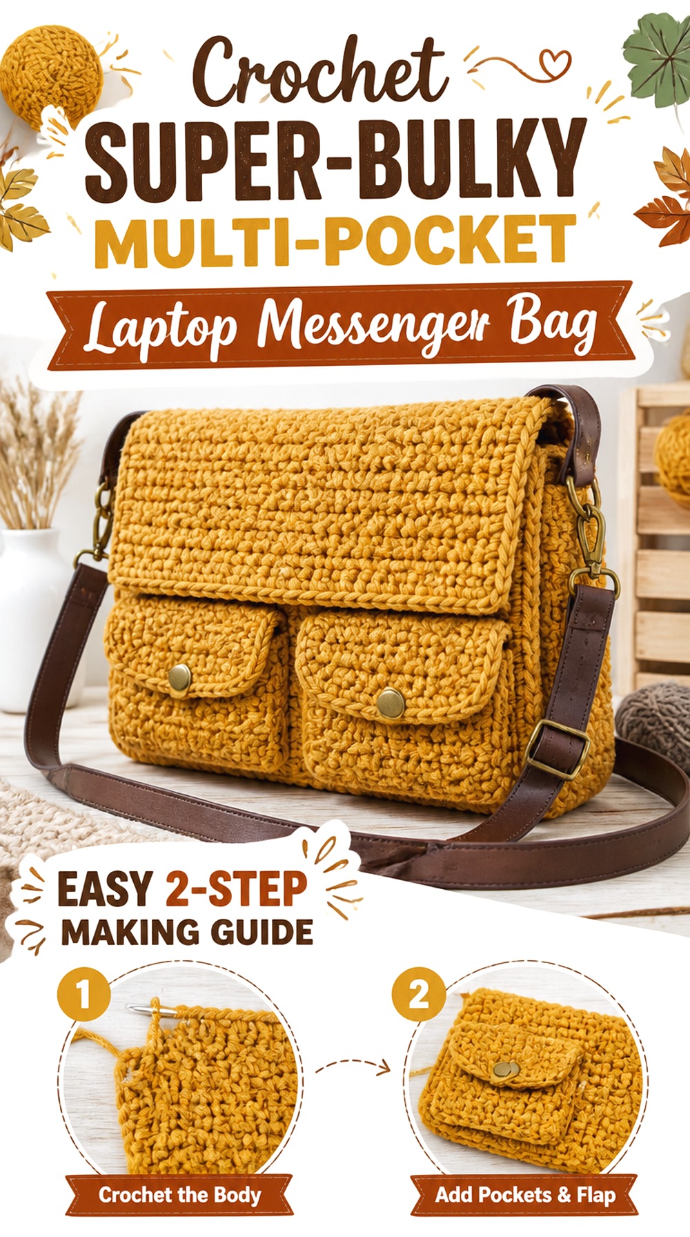 Crochet Super Bulky Multi Pocket Laptop Messenger Bag