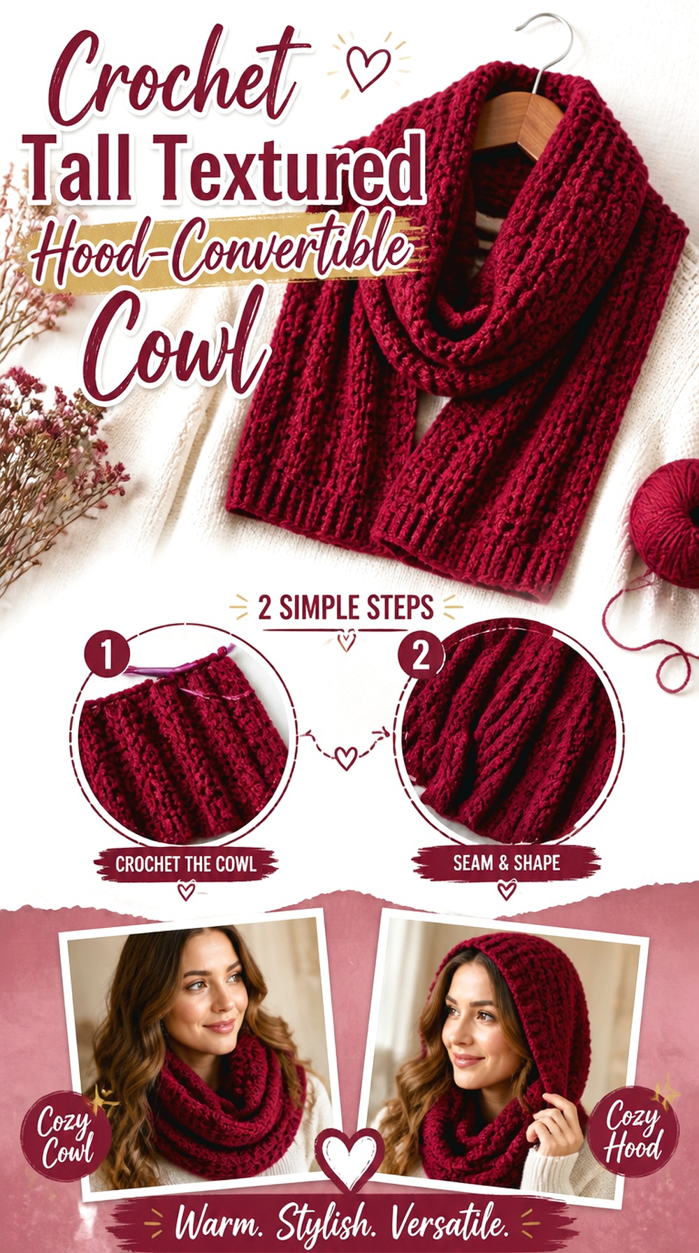 Crochet Tall Textured Hood Convertible Cowl