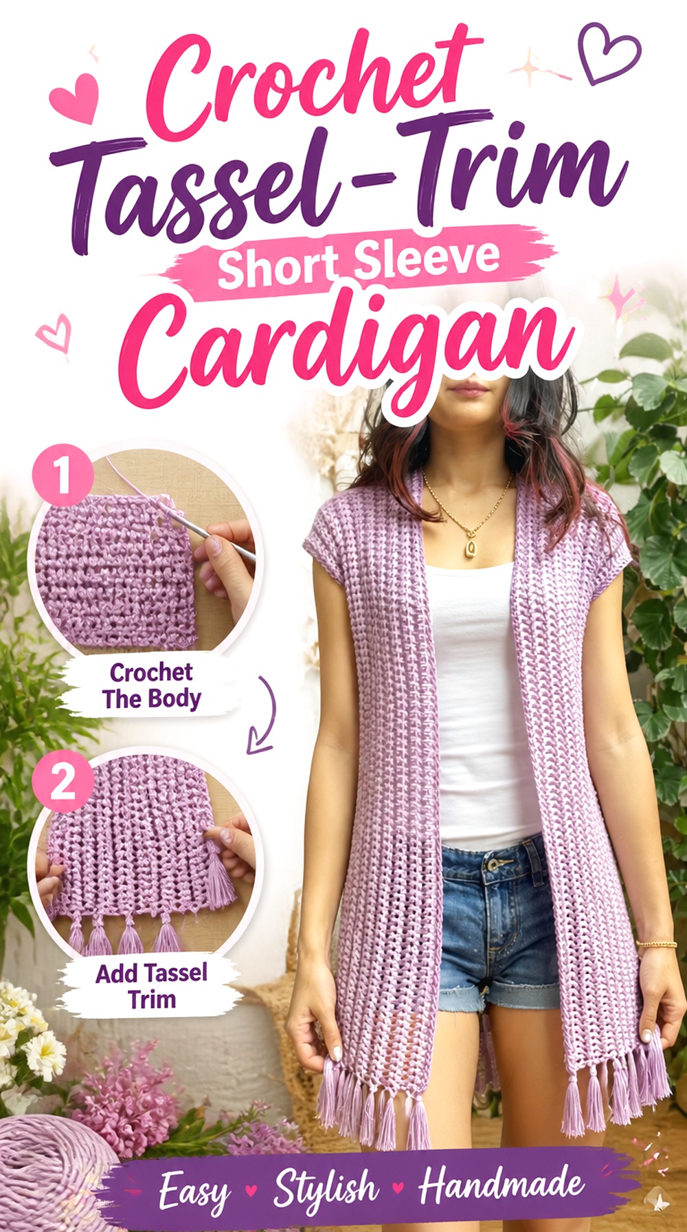 Crochet Tassel Trim Short Sleeve Cardigan
