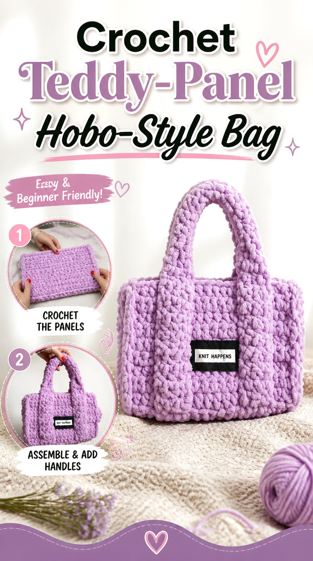 Crochet Teddy Panel Hobo Style Bag