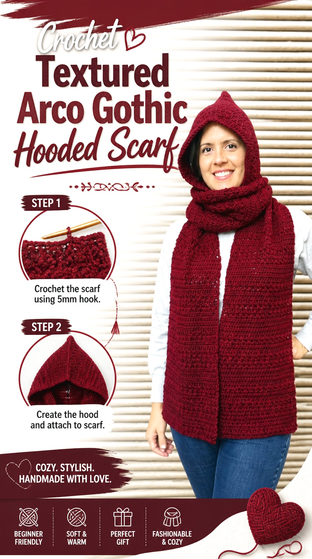 Crochet Textured Arco Gothic Hooded Scarf