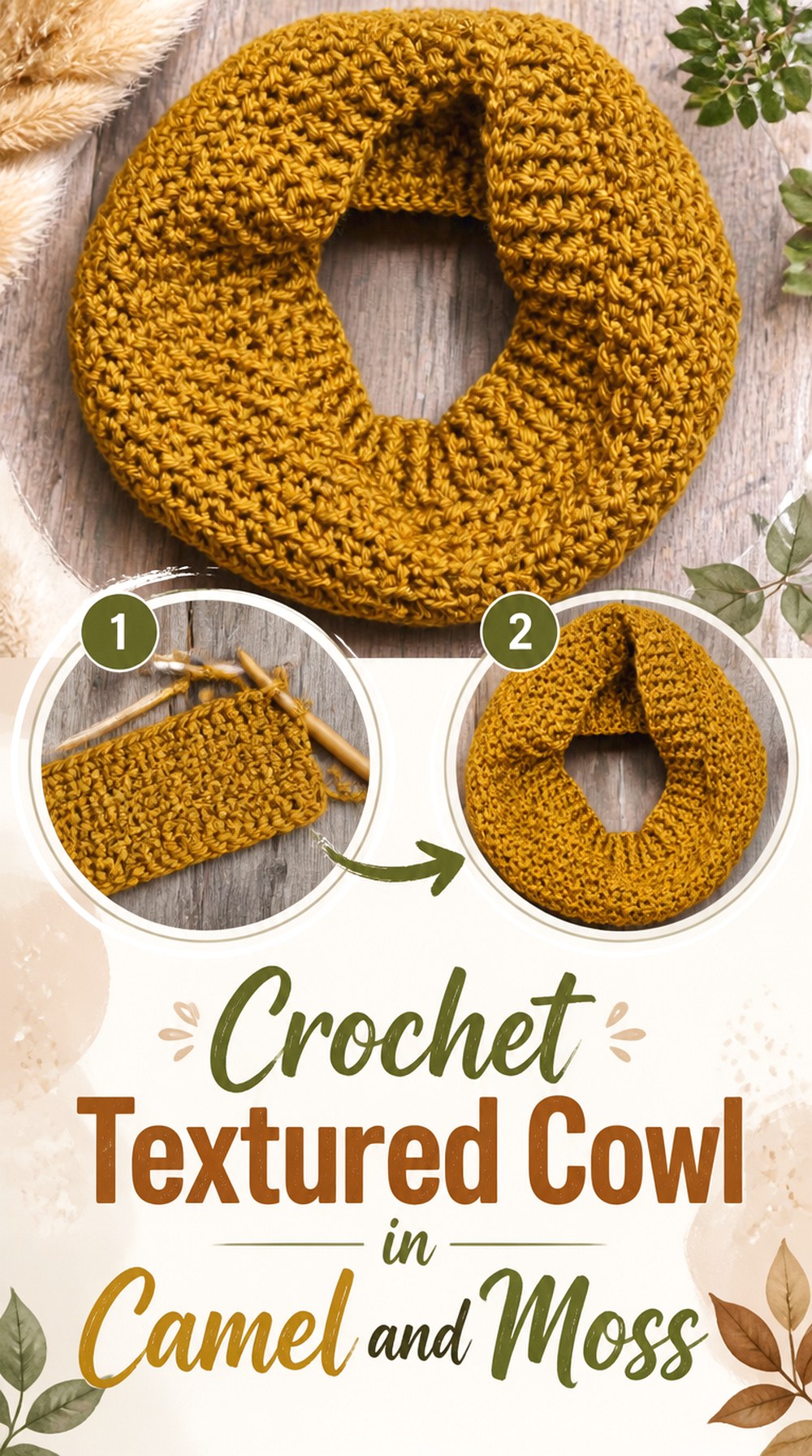 Crochet Textured Cowl in Camel and Moss