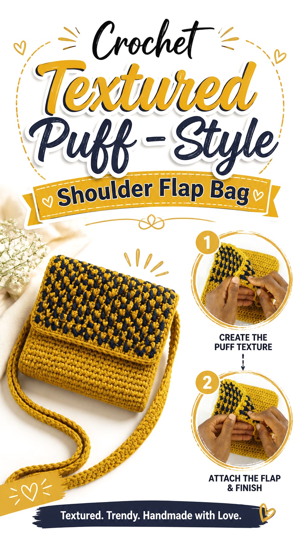 Crochet Textured Puff Style Shoulder Flap Bag