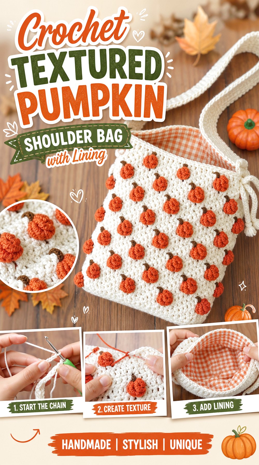 Crochet Textured Pumpkin Shoulder Bag with Lining