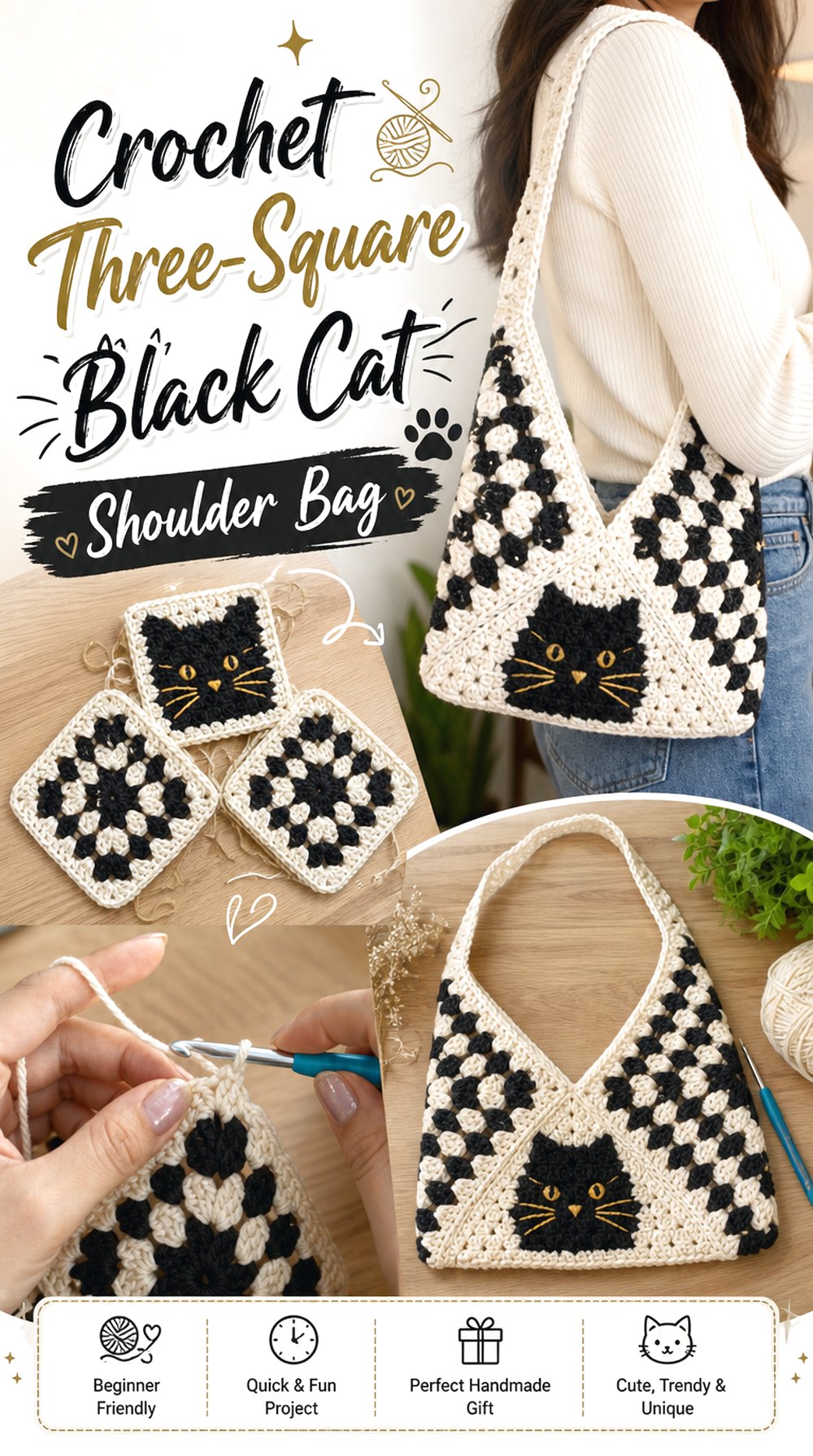 Crochet Three-Square Black Cat Shoulder Bag