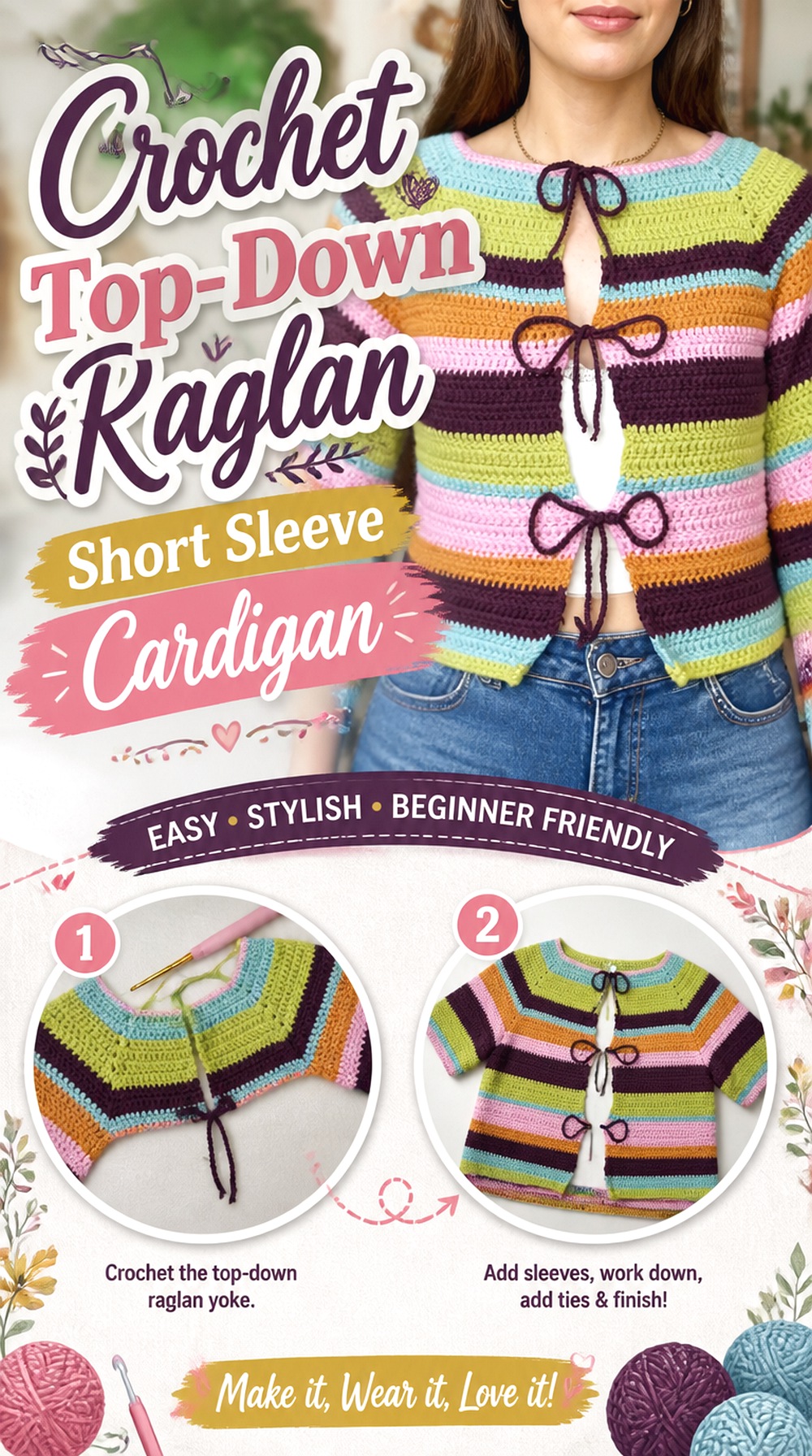 Crochet Top Down Raglan Short Sleeve Cardigan