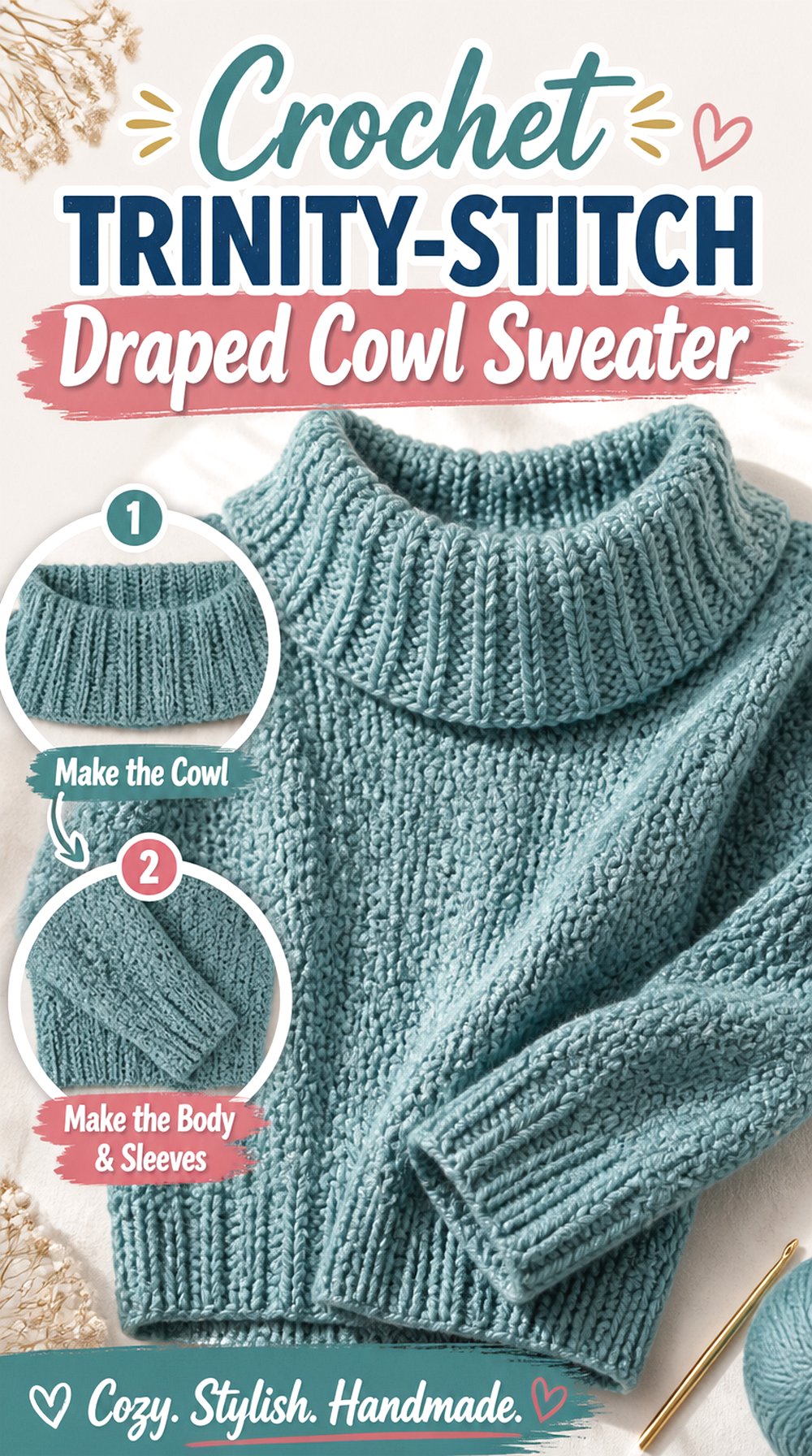 Crochet Trinity Stitch Draped Cowl Sweater
