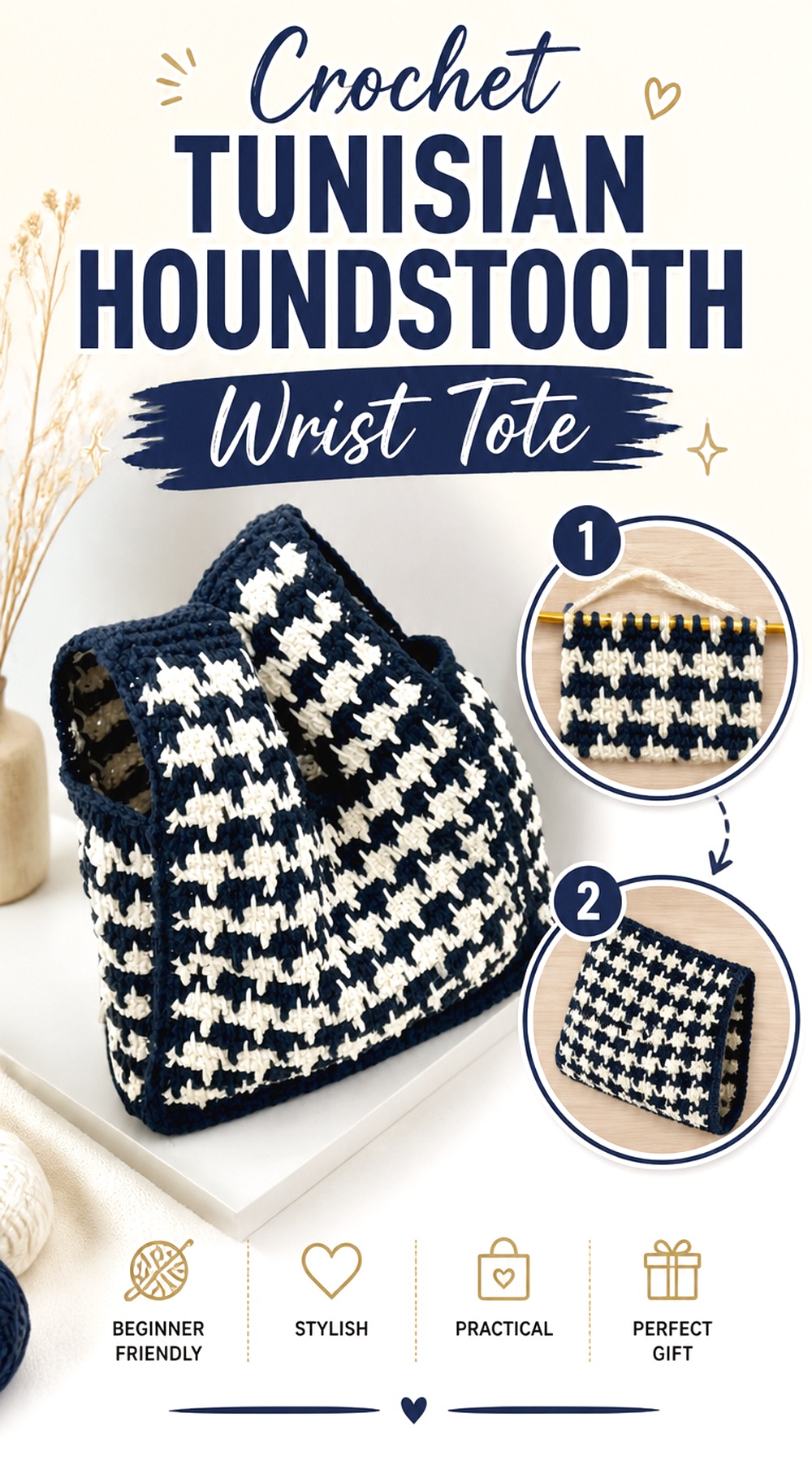 Crochet Tunisian Houndstooth Wrist Tote