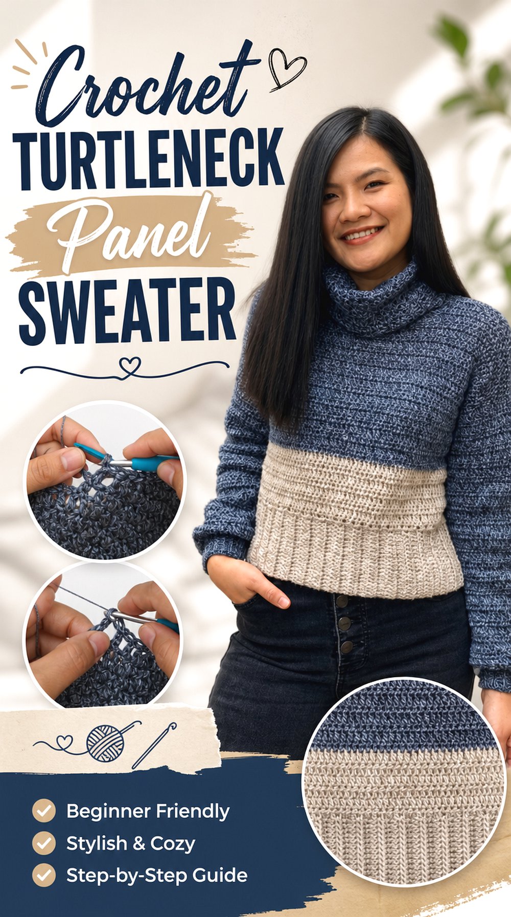 Crochet Turtleneck Panel Sweater