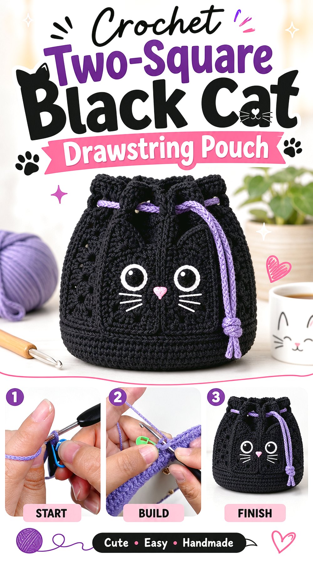 Crochet Two-Square Black Cat Drawstring Pouch