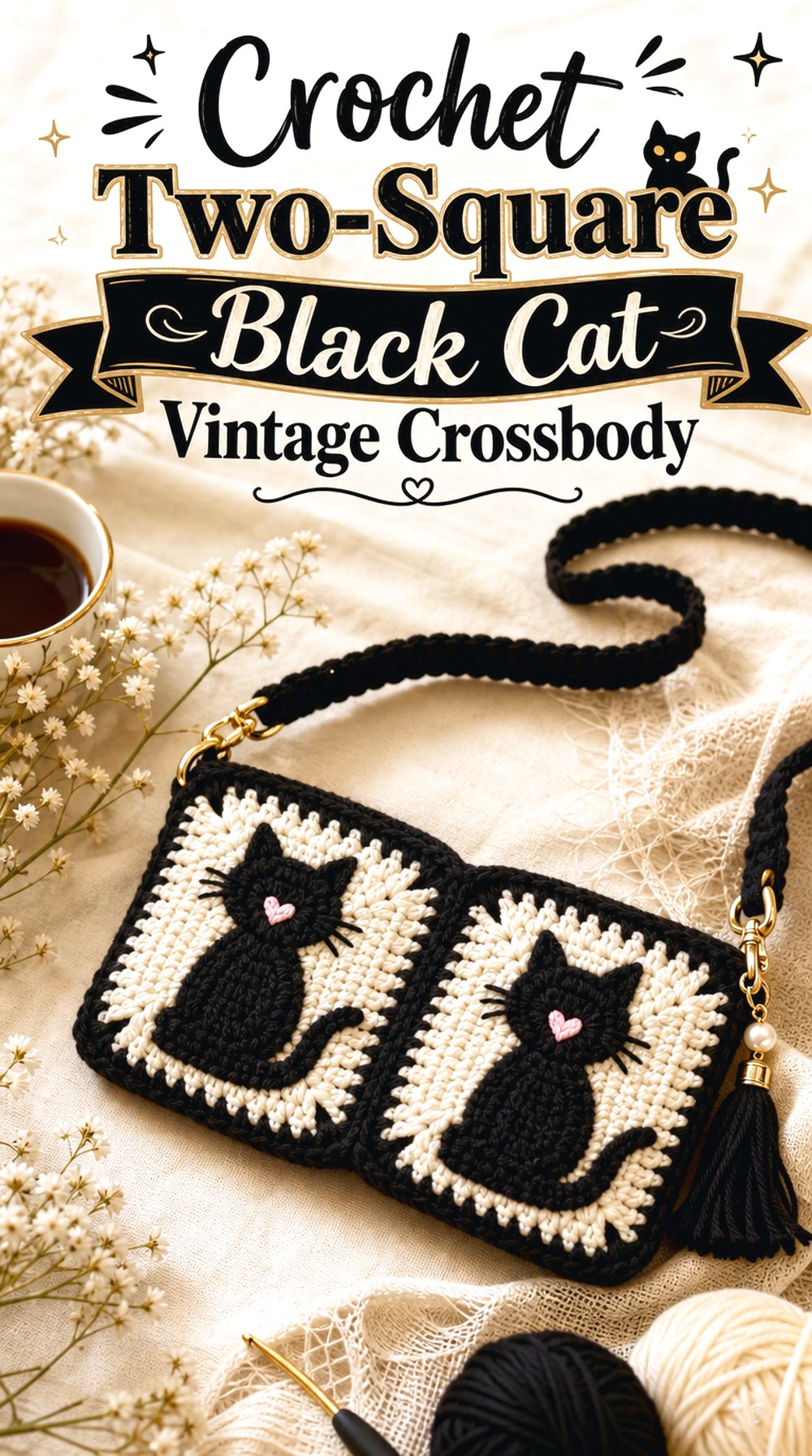 Crochet Two-Square Black Cat Vintage Crossbody