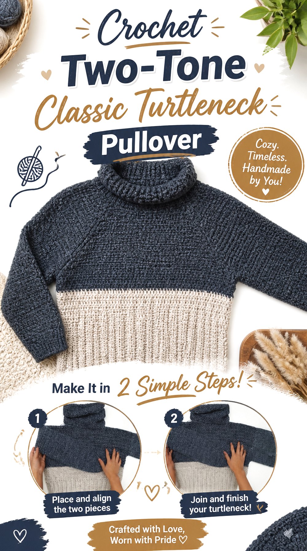 Crochet Two Tone Classic Turtleneck Pullover
