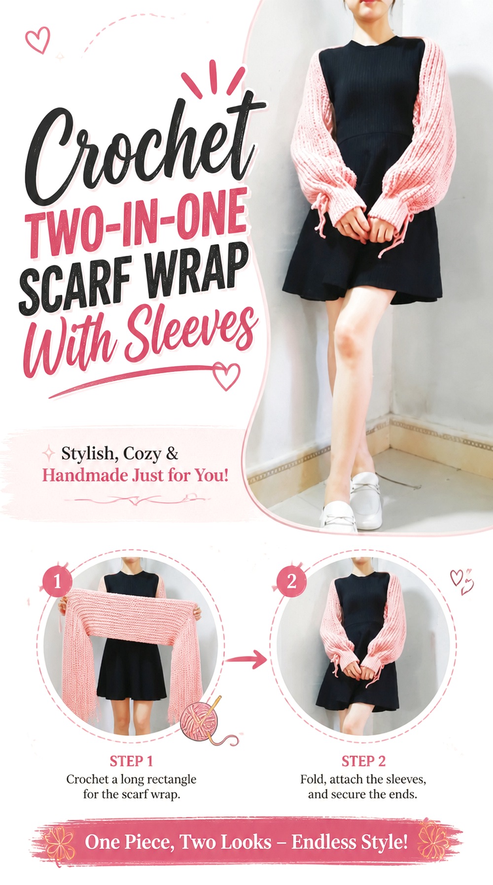 Crochet Two in One Scarf Wrap With Sleeves