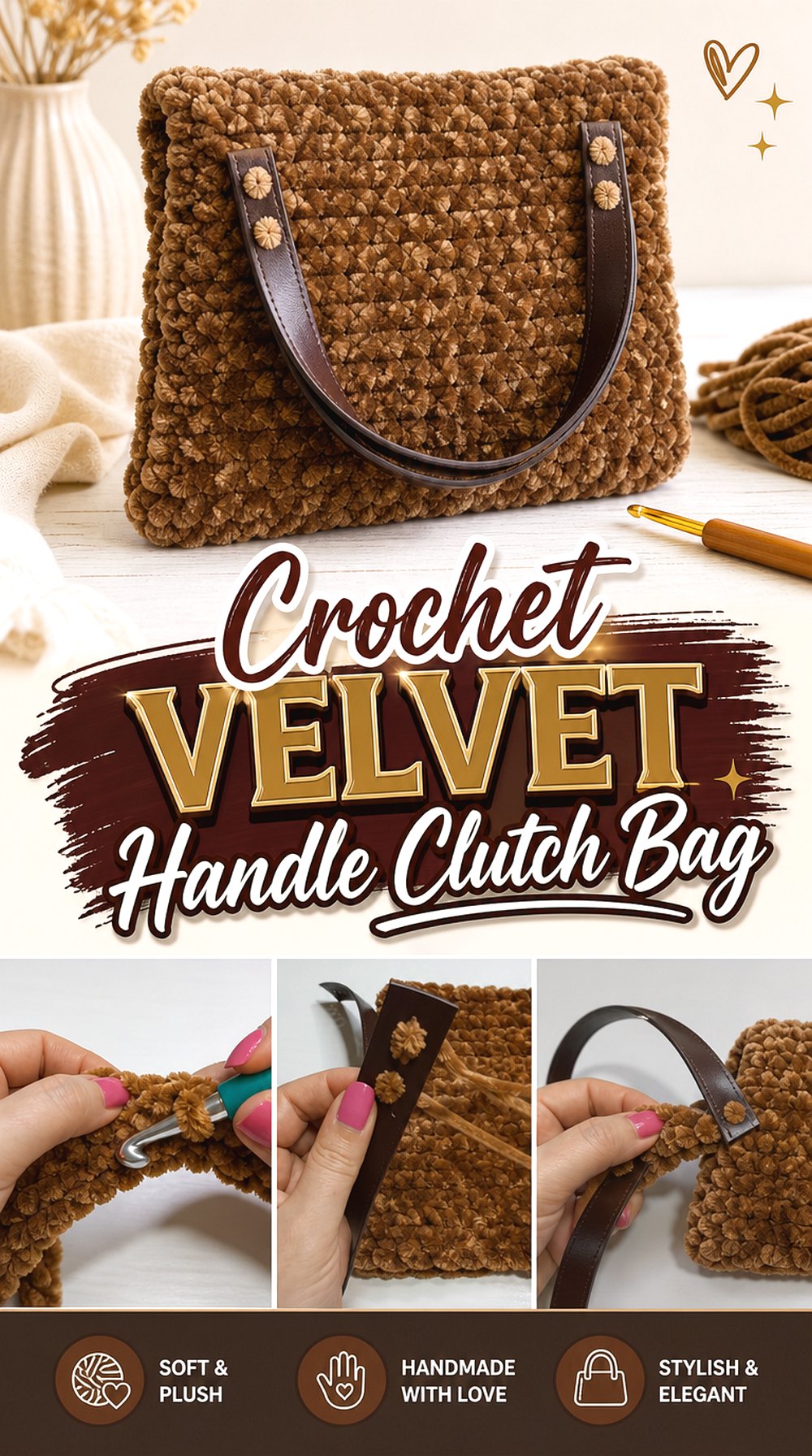 Crochet Velvet Handle Clutch Bag