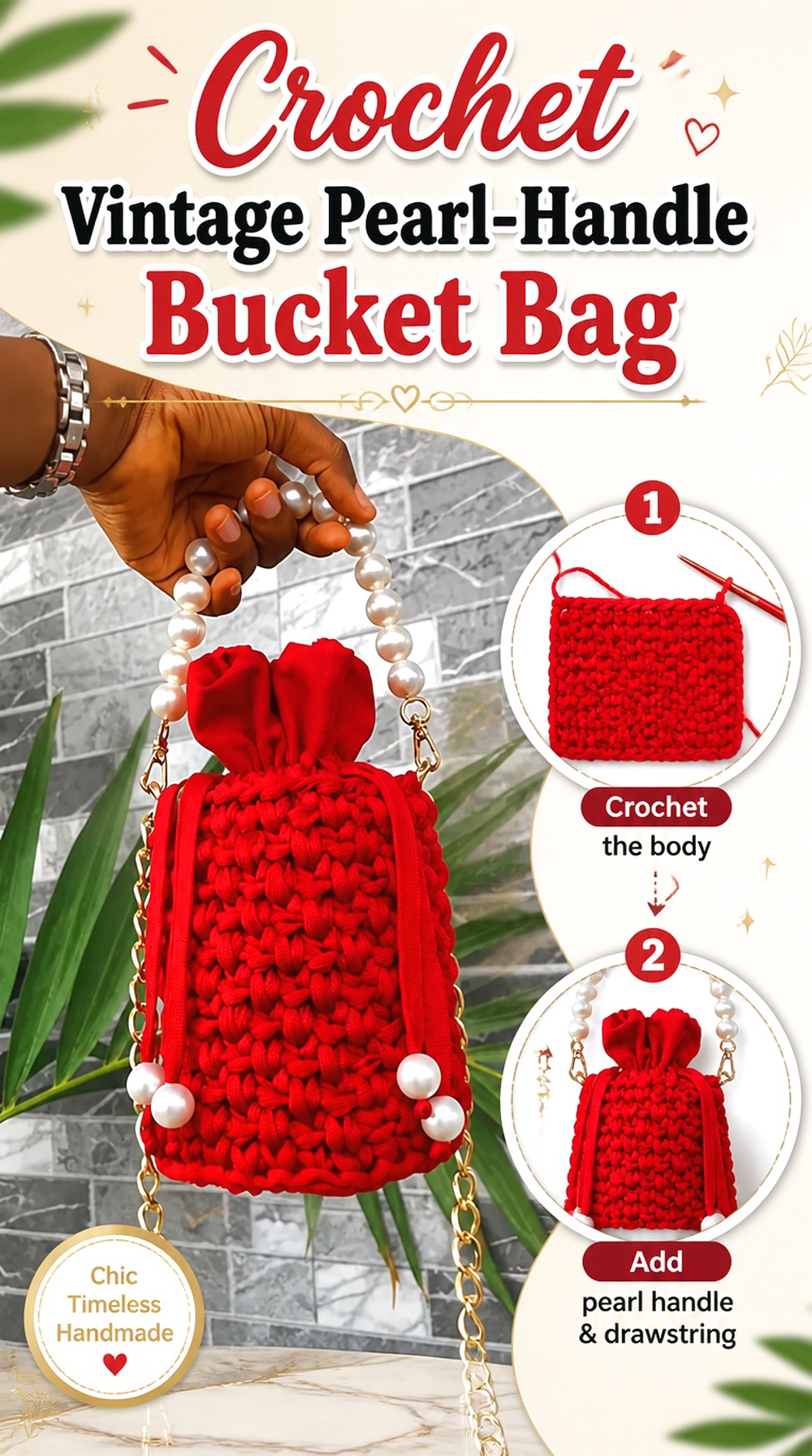 Crochet Vintage Pearl Handle Bucket Bag