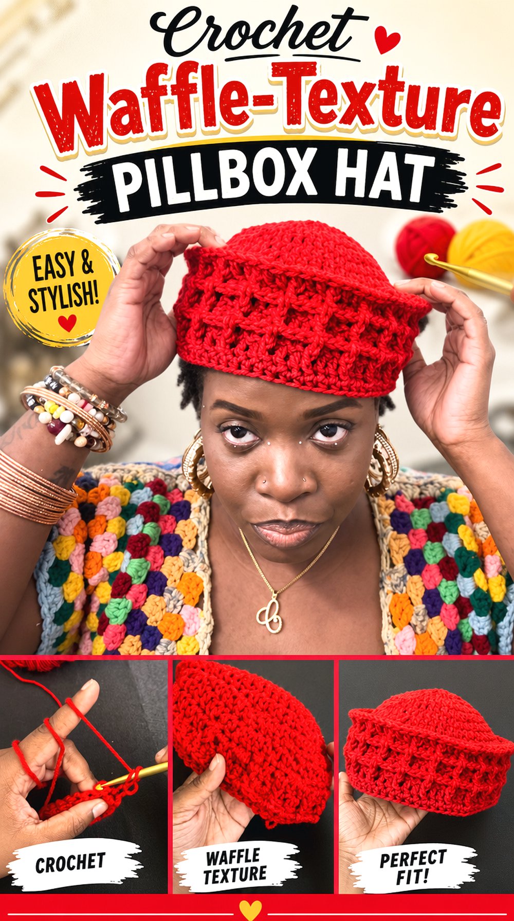 Crochet Waffle-Texture Pillbox Hat