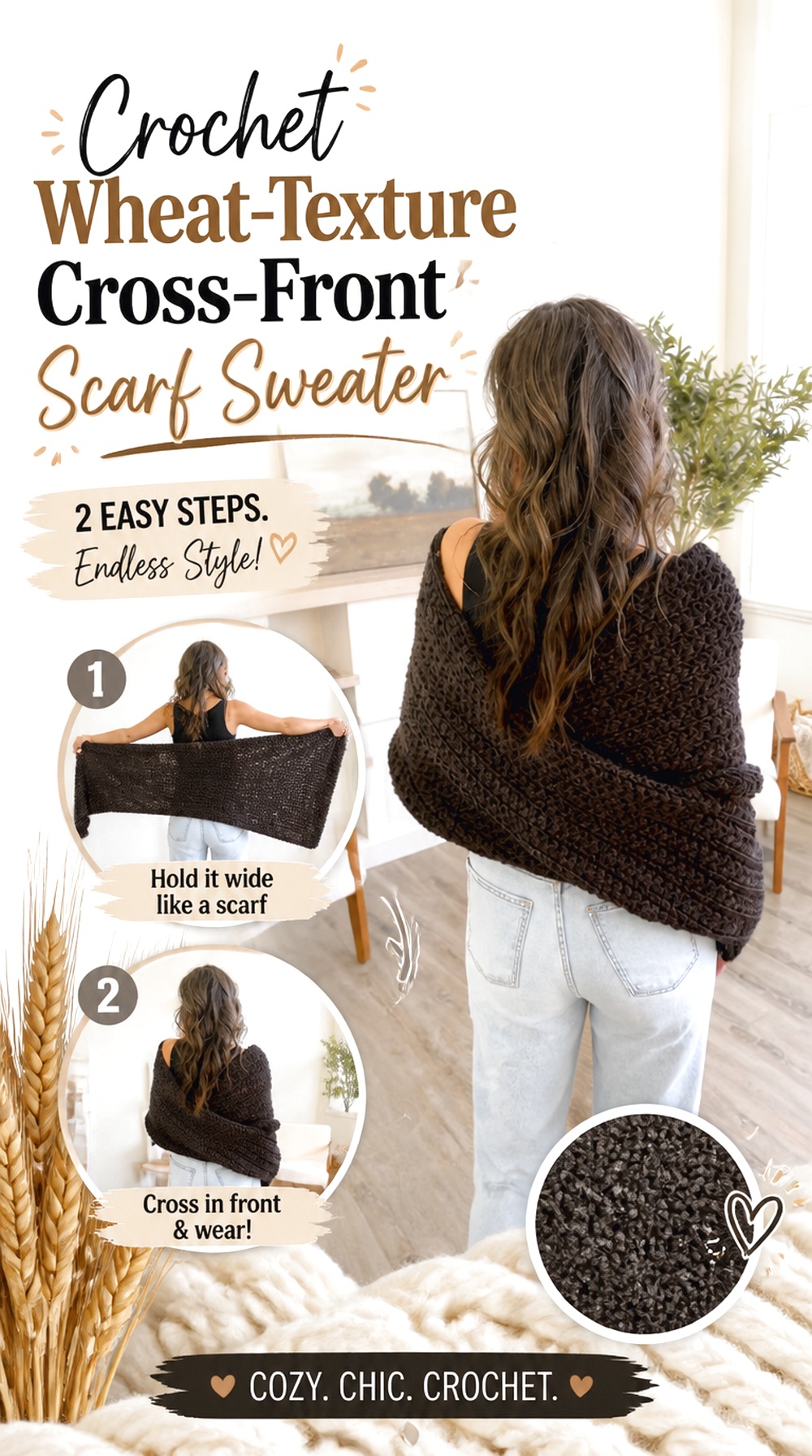 Crochet Wheat Texture Cross Front Scarf Sweater