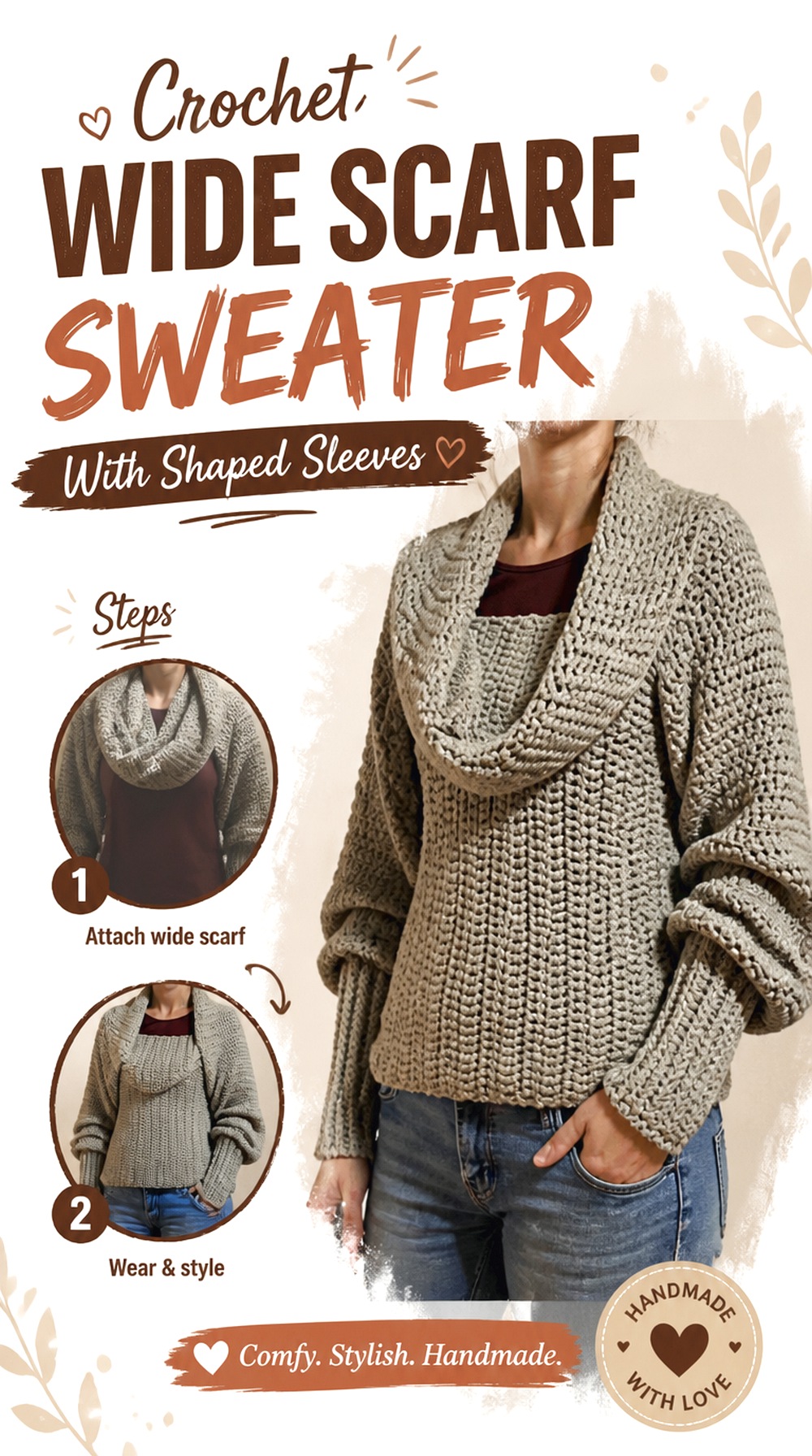 Crochet Wide Scarf Sweater With Shaped Sleeves