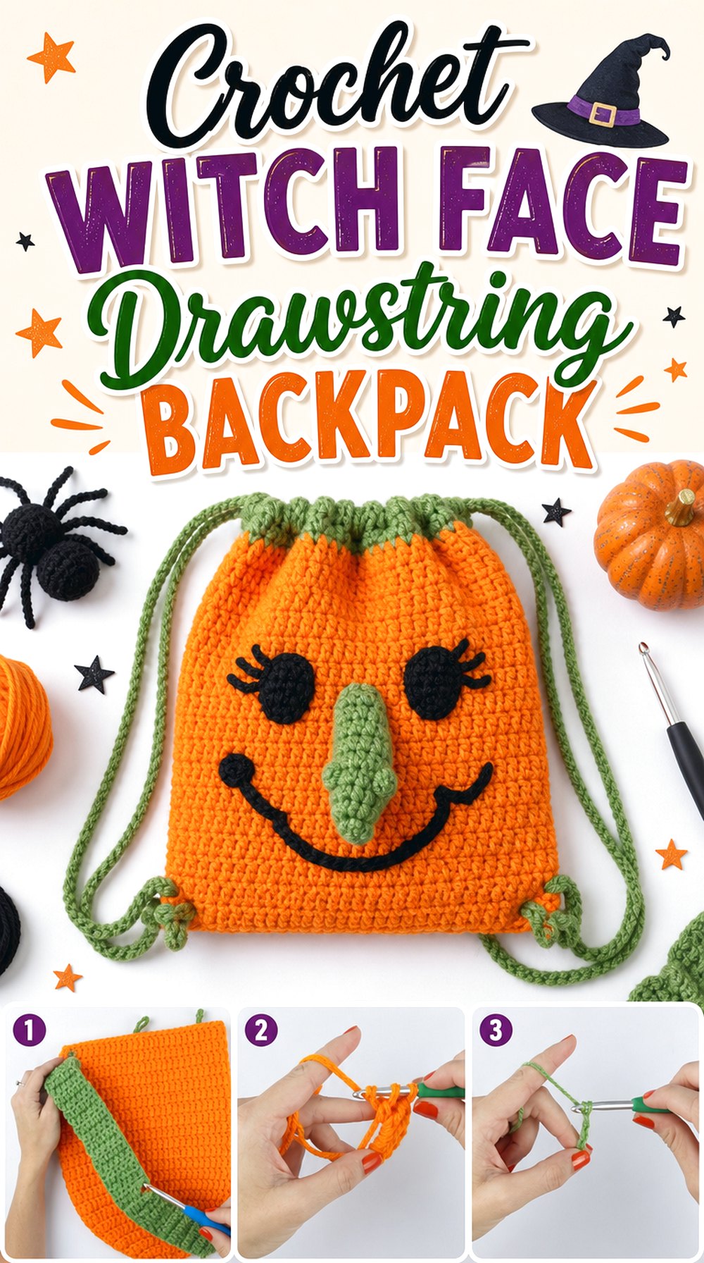 Crochet Witch Face Drawstring Backpack