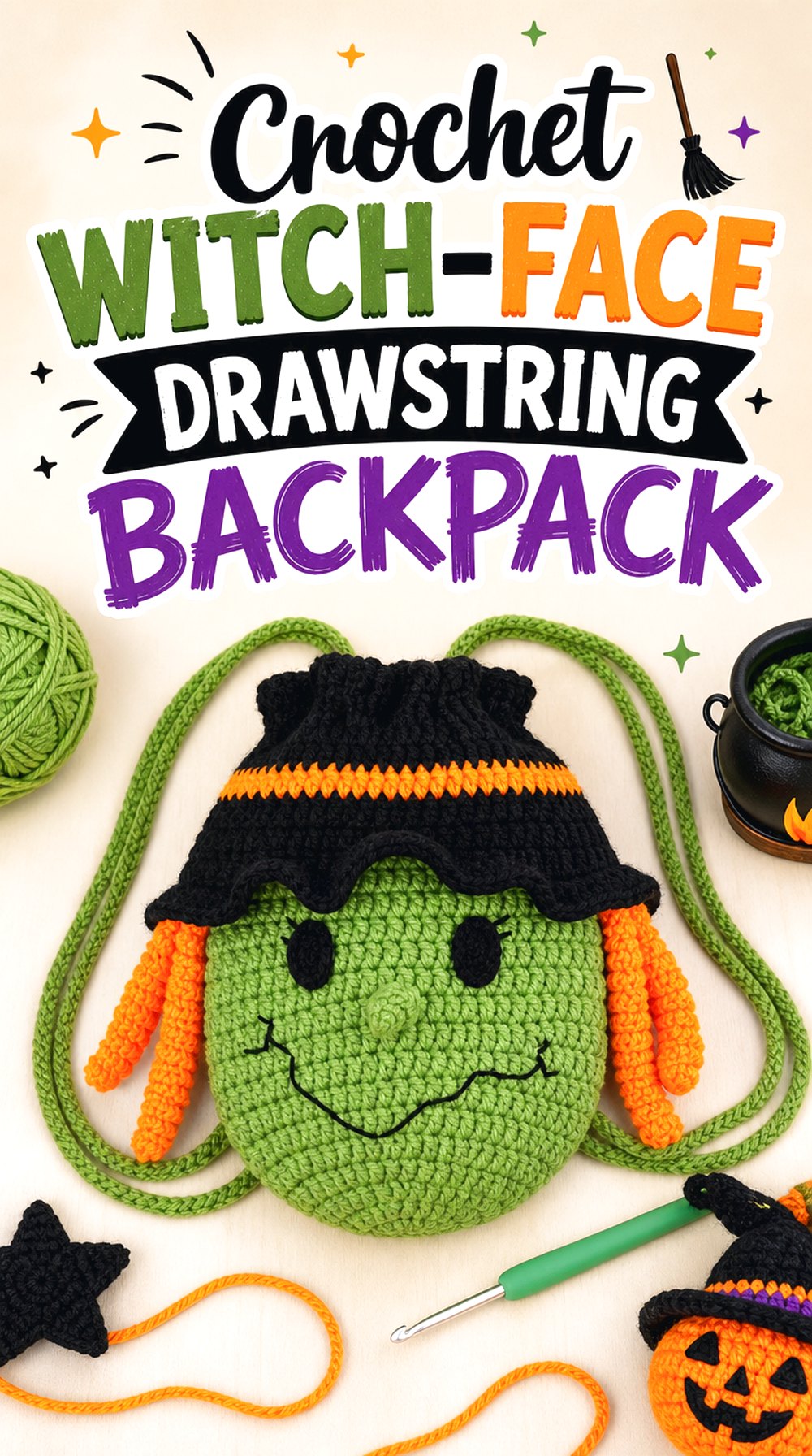 Crochet Witch-Face Drawstring Backpack