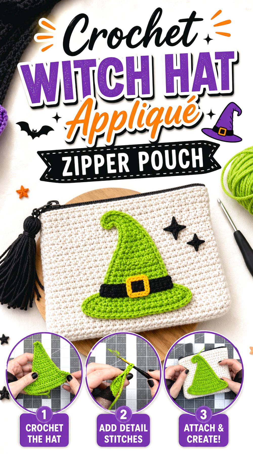 Crochet Witch Hat Appliqué Zipper Pouch