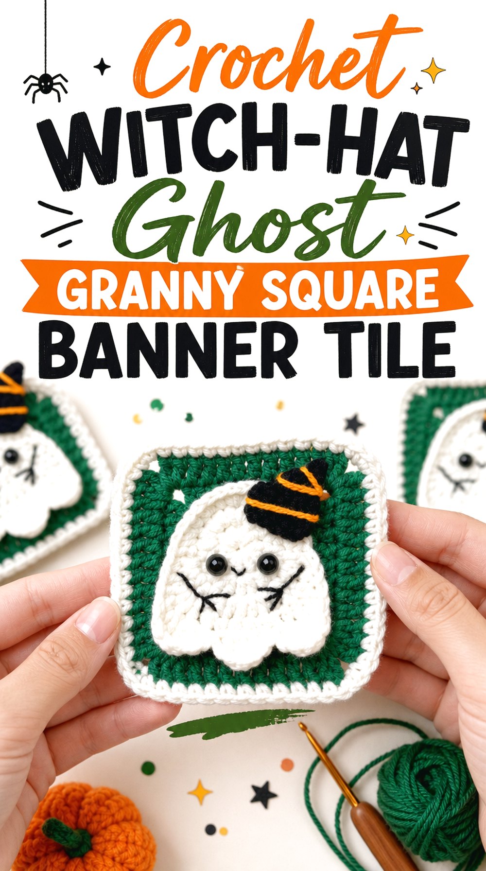 Crochet Witch-Hat Ghost Granny Square Banner Tile