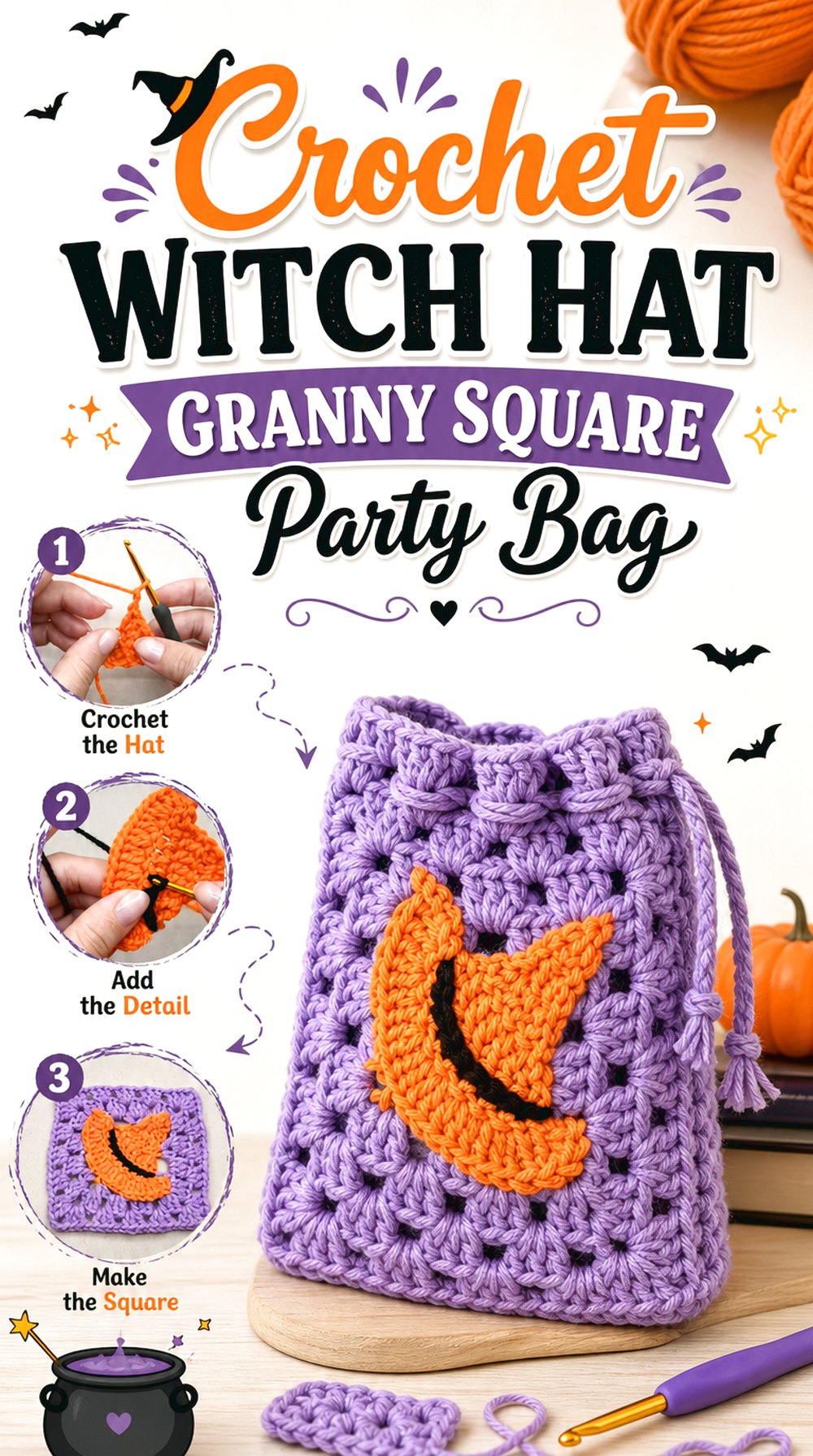 Crochet Witch Hat Granny Square Party Bag