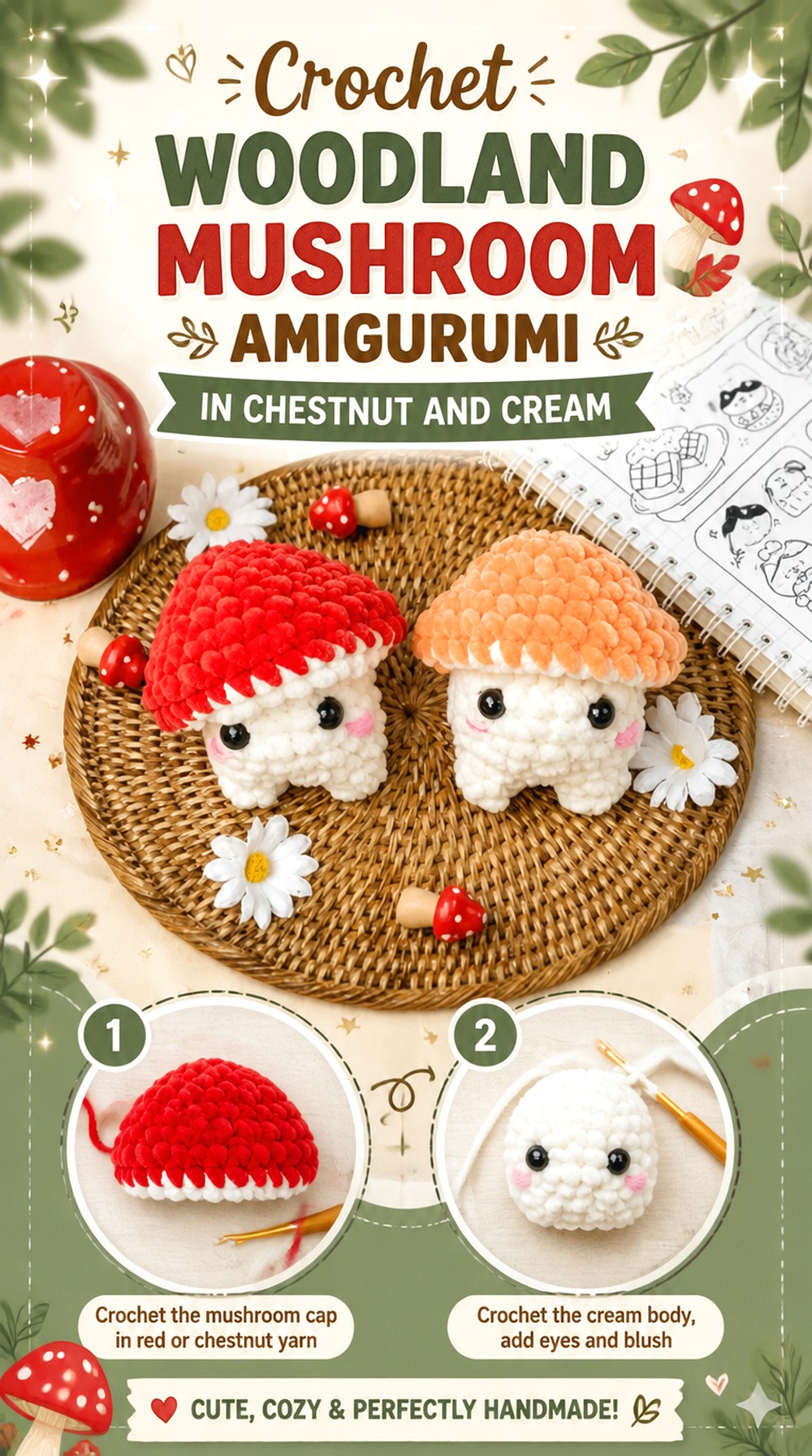 Crochet Woodland Mushroom Amigurumi in Chestnut and Cream
