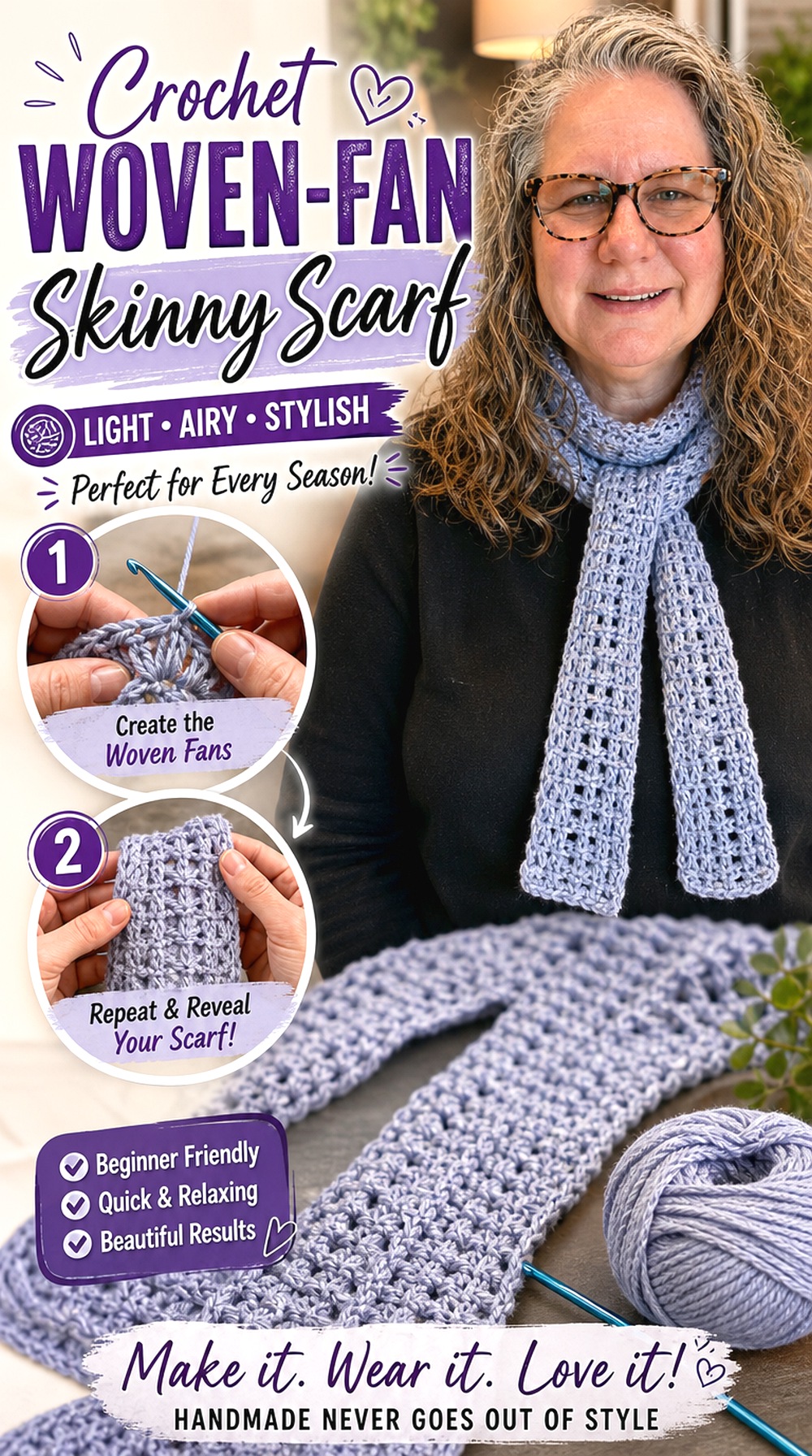 Crochet Woven Fan Skinny Scarf