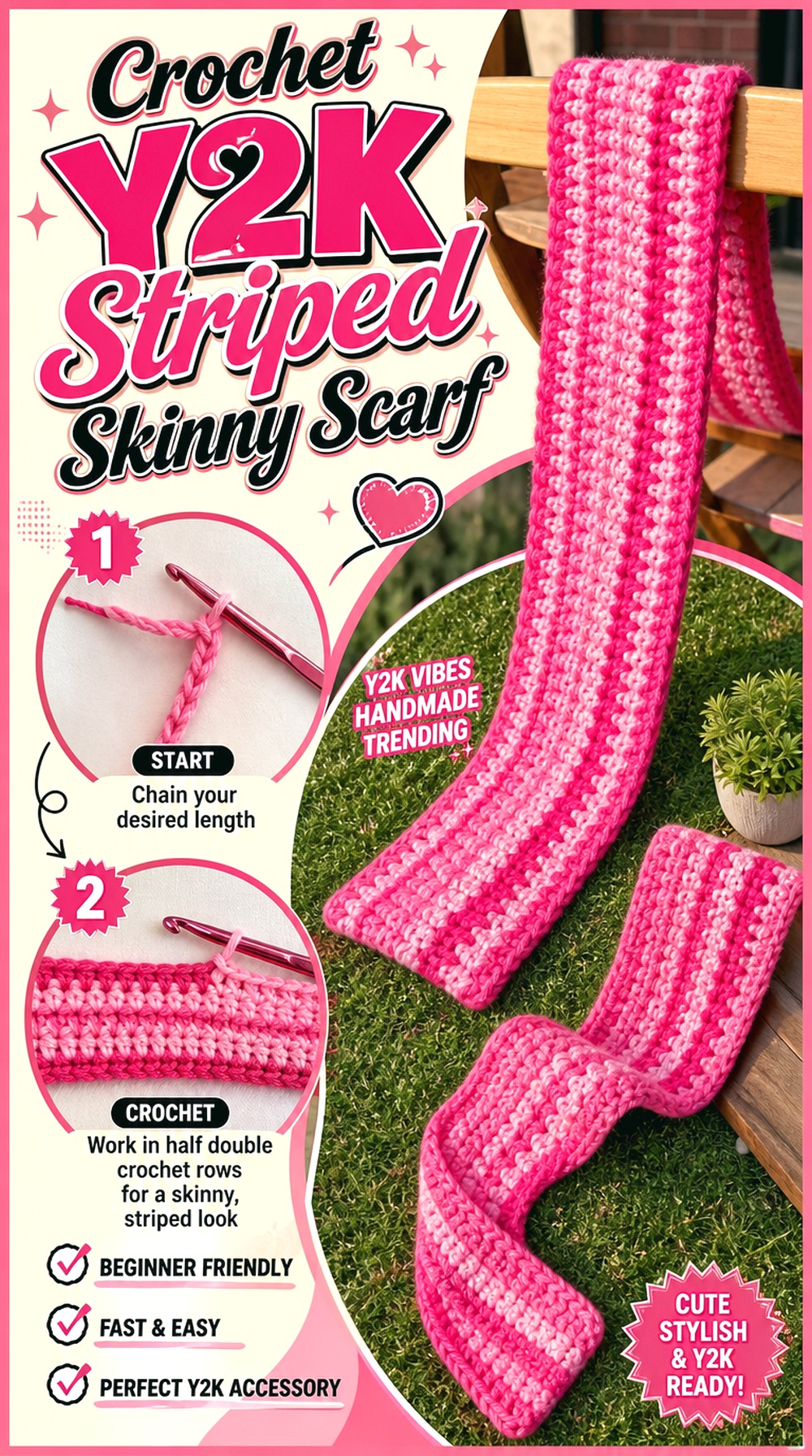 Crochet YK Striped Skinny Scarf