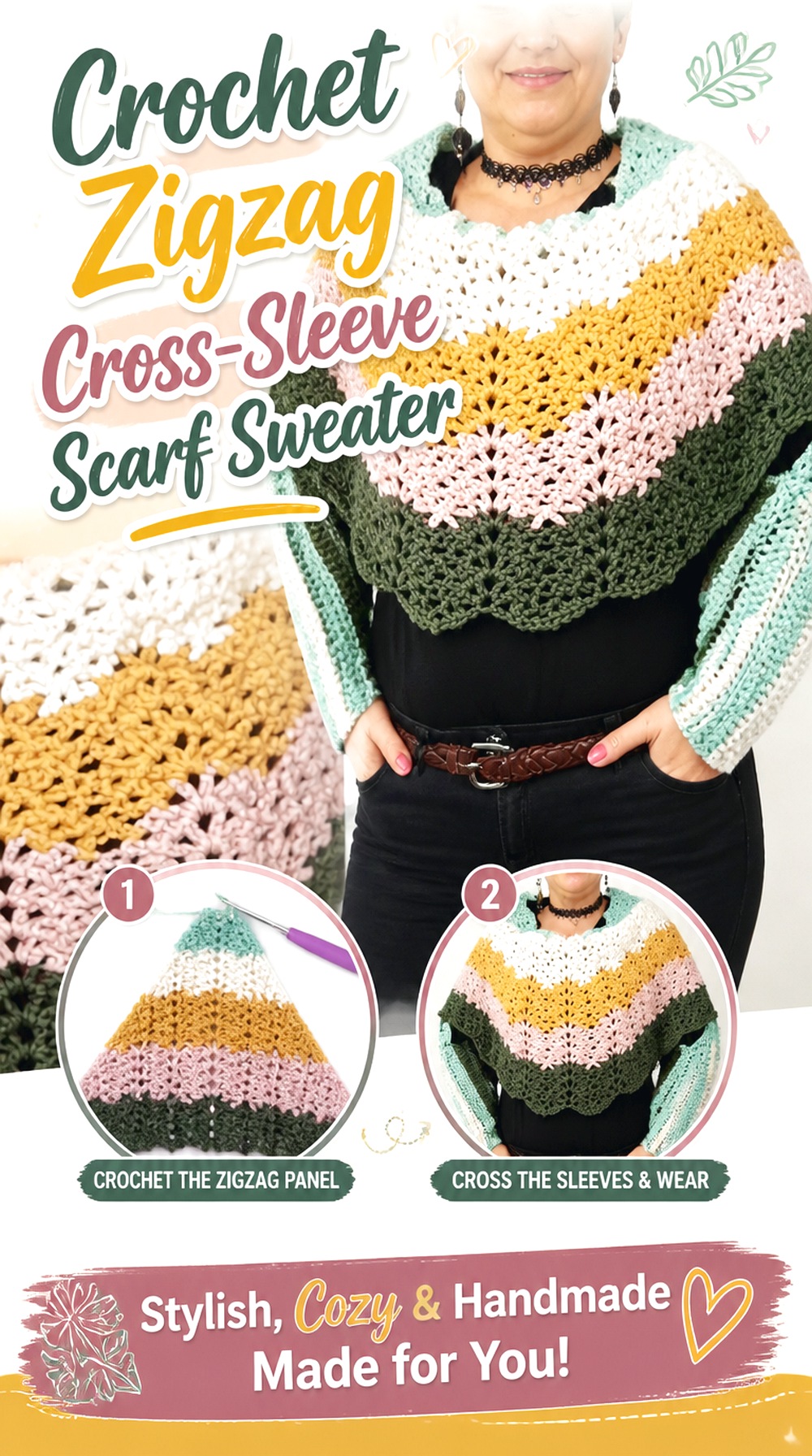 Crochet Zigzag Cross Sleeve Scarf Sweater