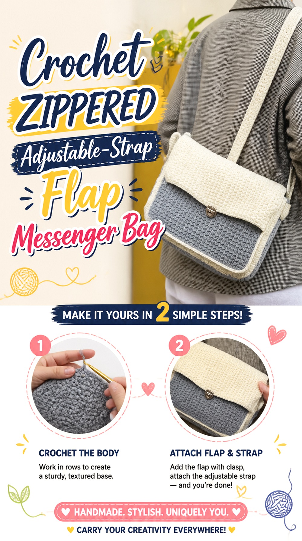 Crochet Zippered Adjustable Strap Flap Messenger Bag