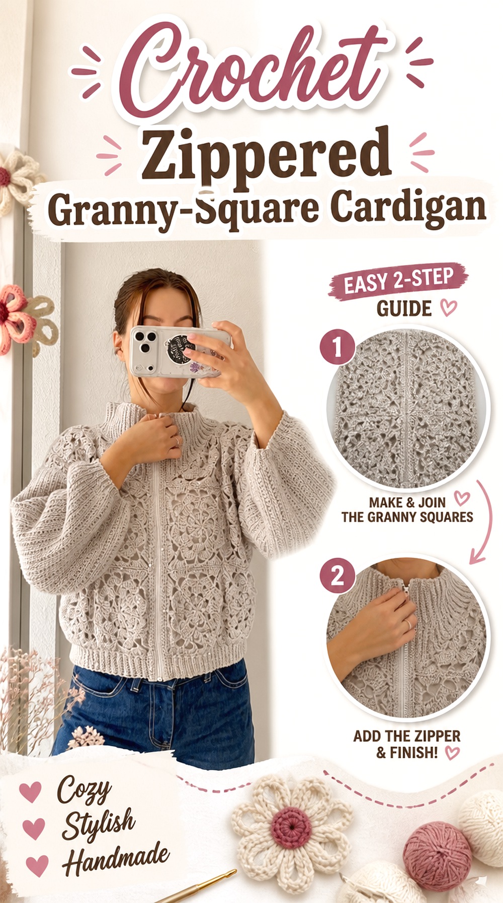 Crochet Zippered Granny Square Cardigan
