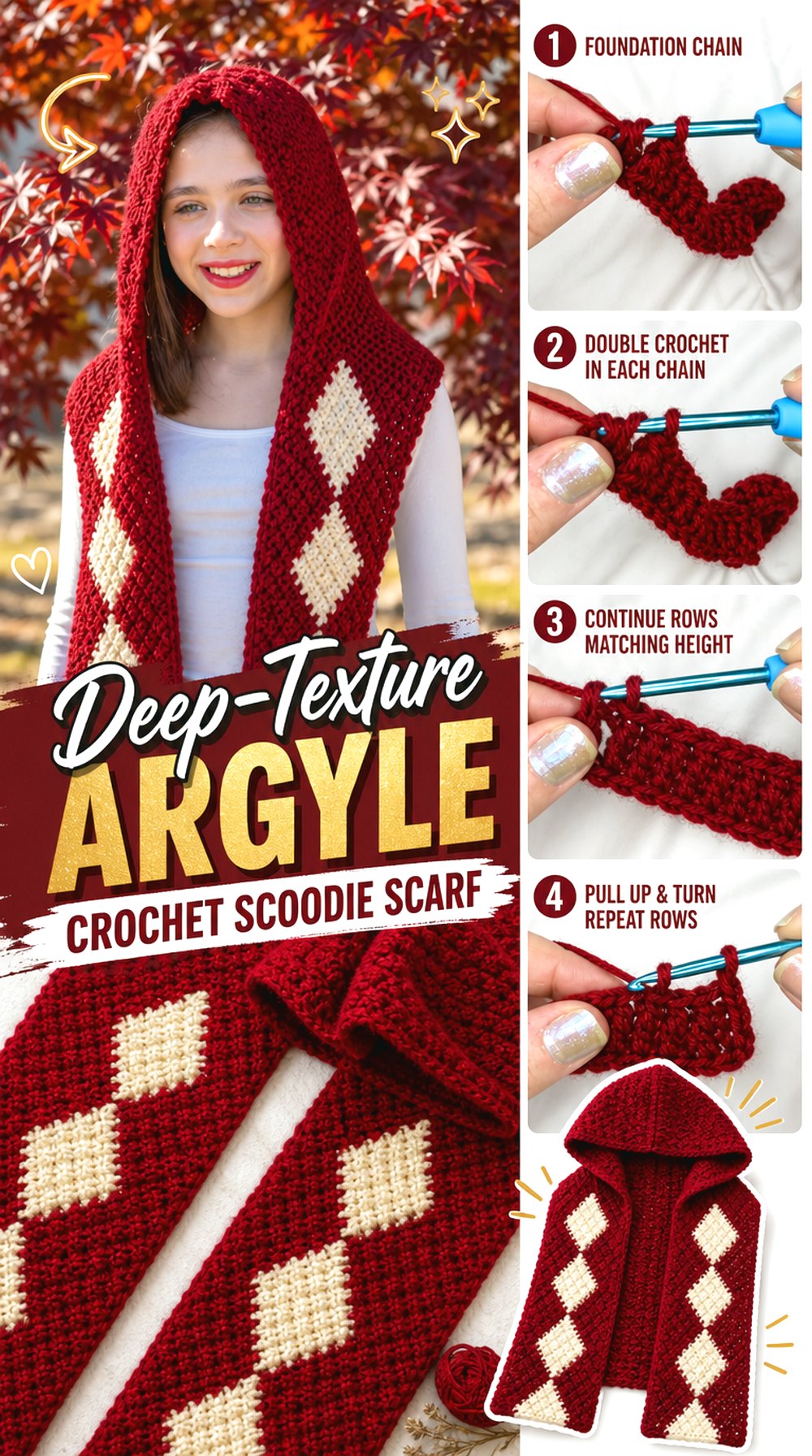 Deep-Texture Argyle Crochet Scoodie Scarf