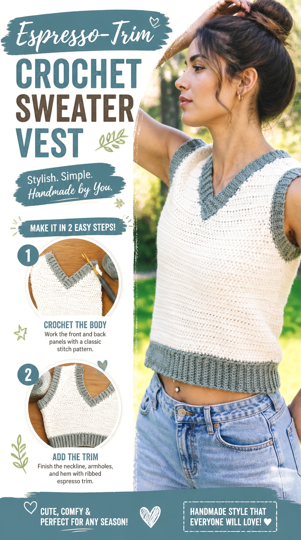 Espresso Trim Crochet Sweater Vest