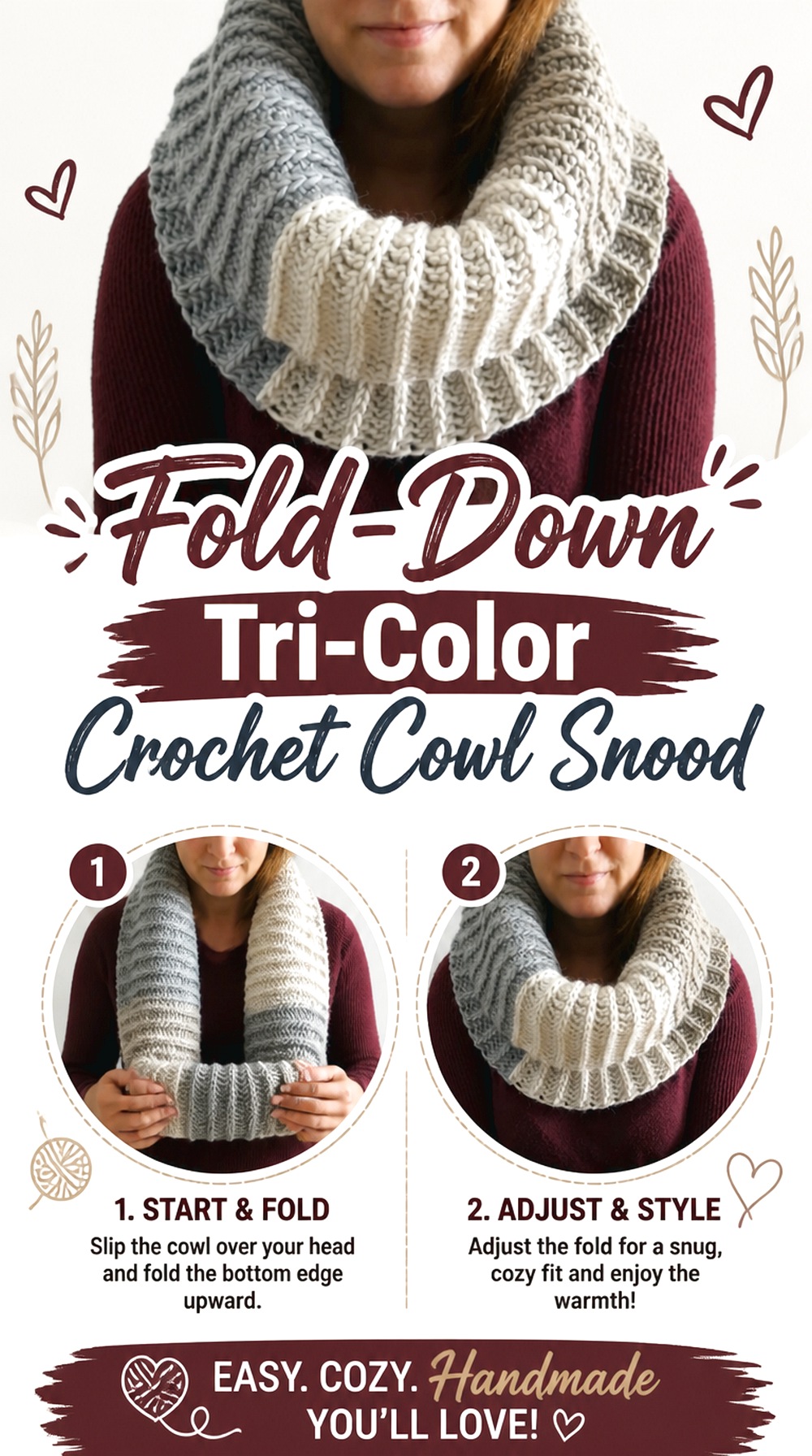 Fold Down Tri Color Crochet Cowl Snood