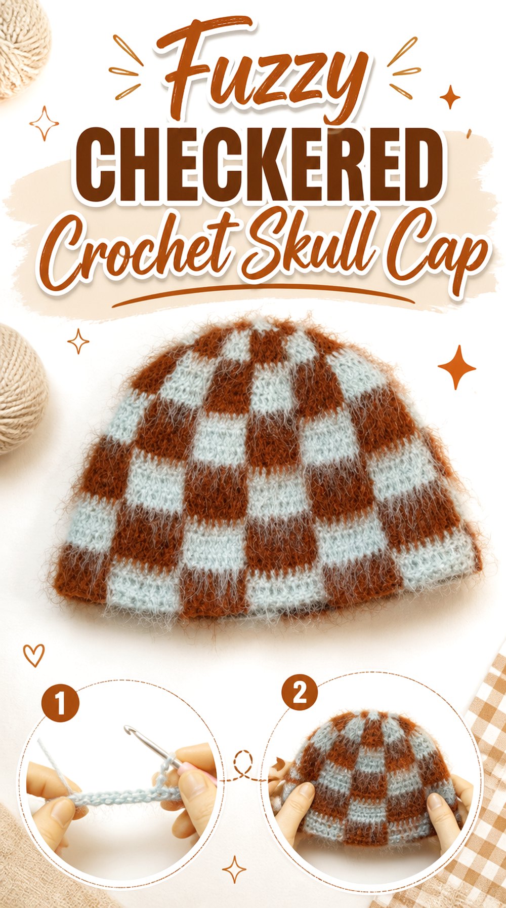 Fuzzy Checkered Crochet Skull Cap