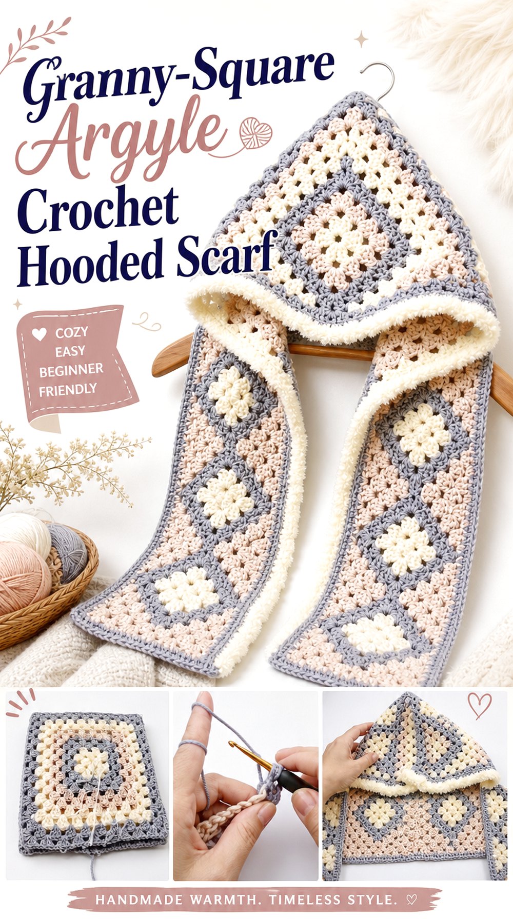 Granny-Square Argyle Crochet Hooded Scarf