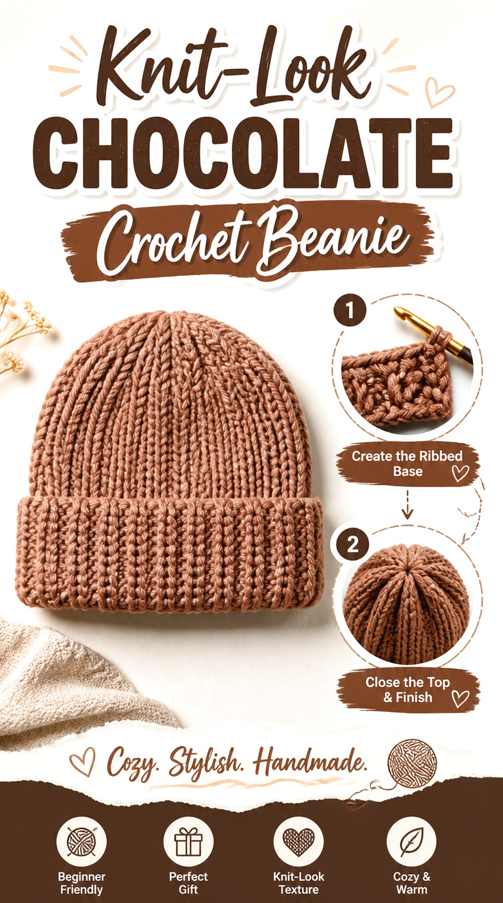 Knit Look Chocolate Crochet Beanie