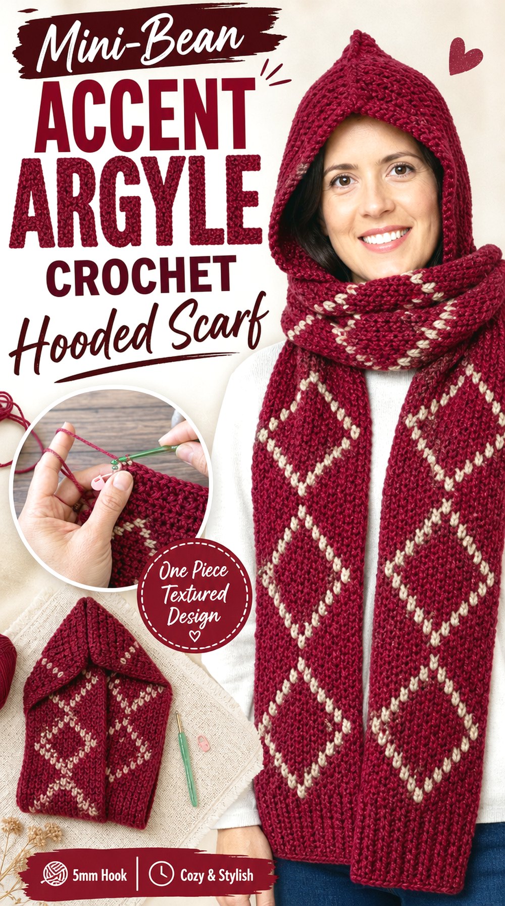 Mini-Bean Accent Argyle Crochet Hooded Scarf