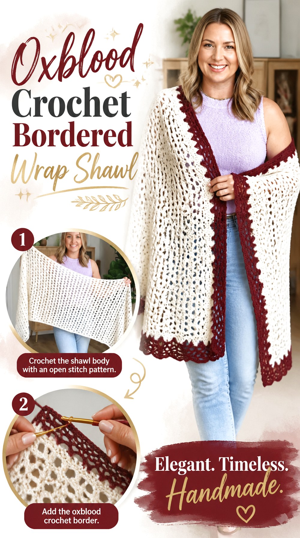 Oxblood Crochet Bordered Wrap Shawl