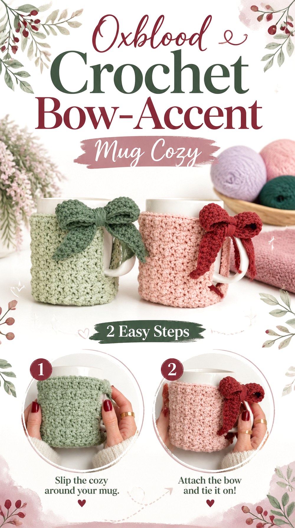 Oxblood Crochet Bow Accent Mug Cozy