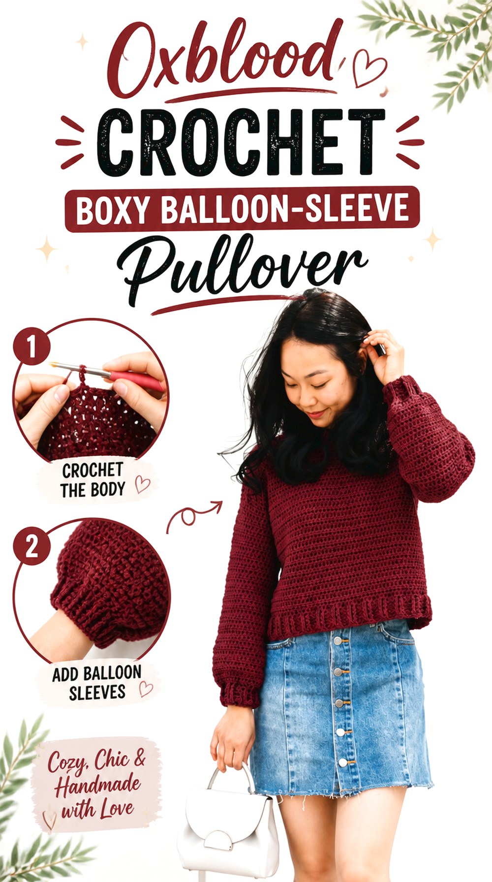 Oxblood Crochet Boxy Balloon Sleeve Pullover